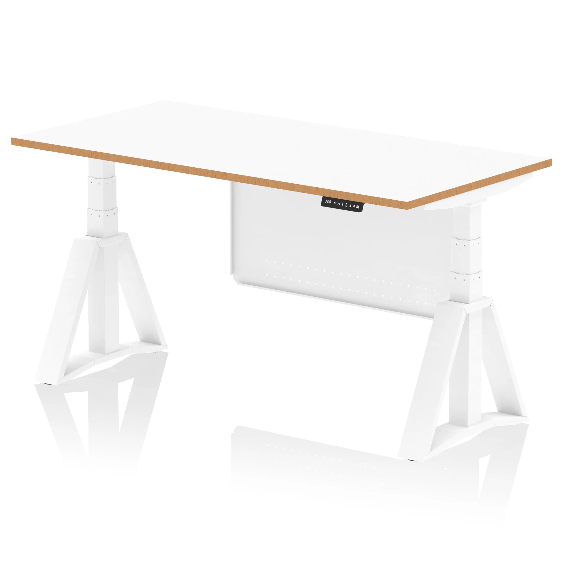 Oslo Air Height Adjustable Desk White Top Natural Wood Edge White Frame with White Steel Modesty Panel