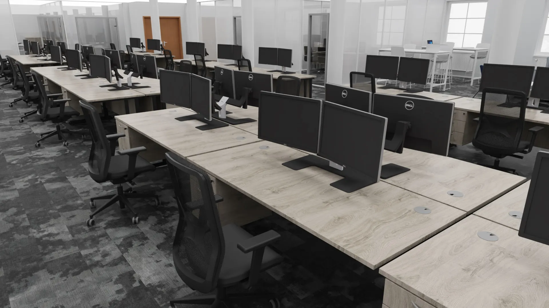 3D design visual: rows of bench desks with monitors