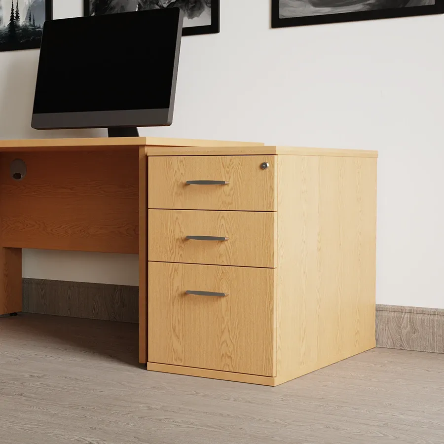 Beech desk high pedestal with three drawers