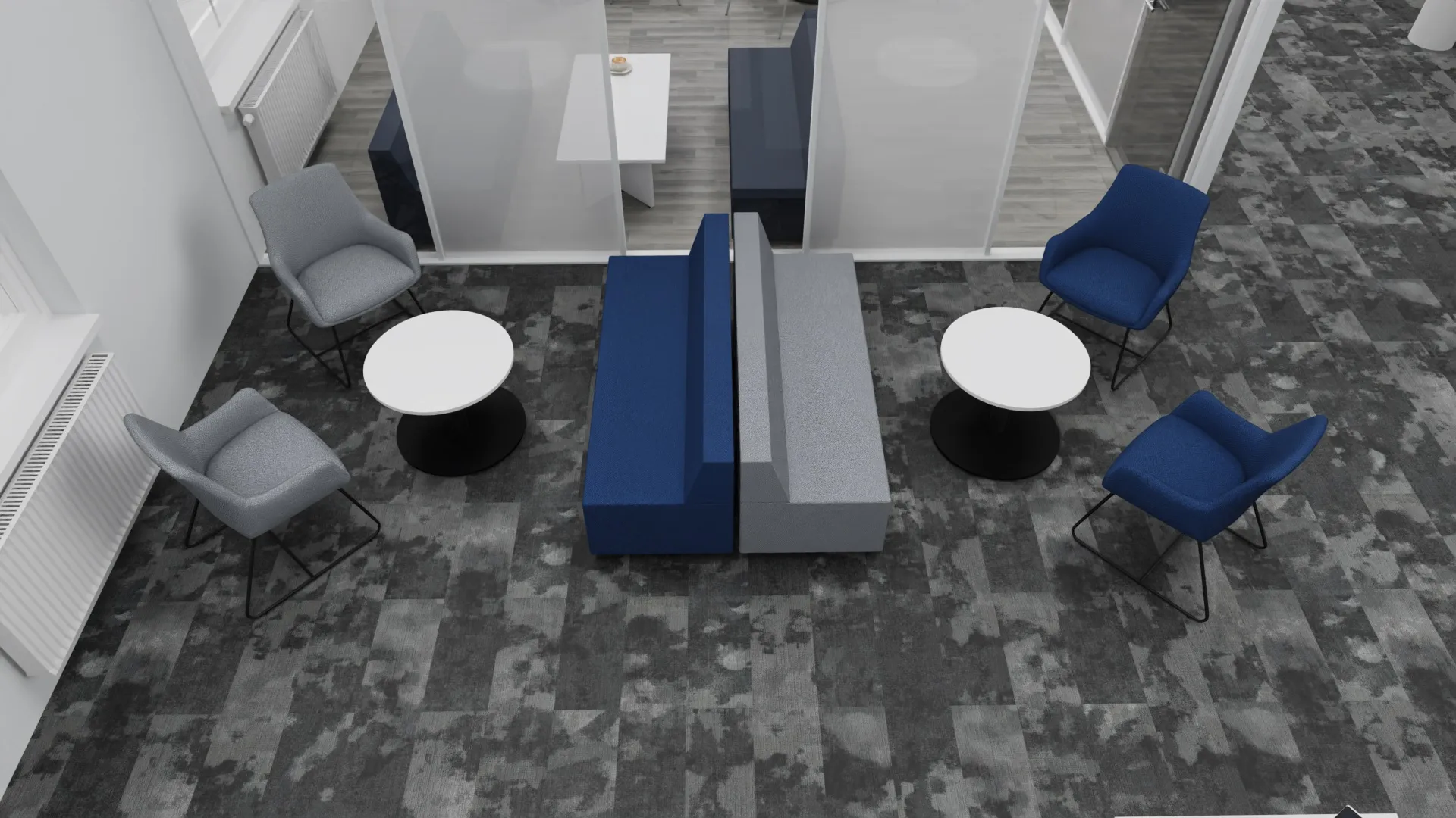 3D design visual: breakout seating with blue and grey chairs