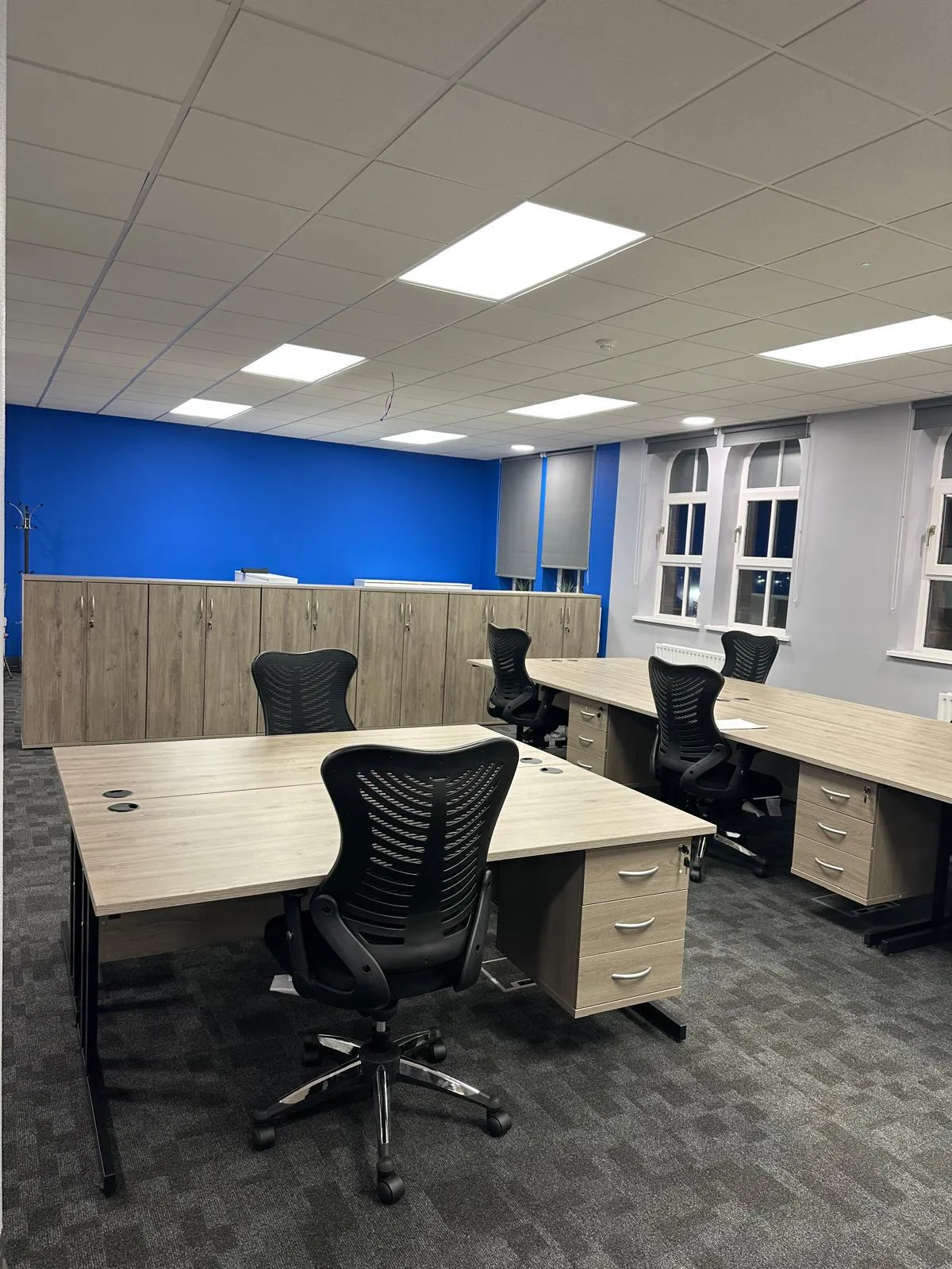 Bench desks with black chairs by the blue feature wall