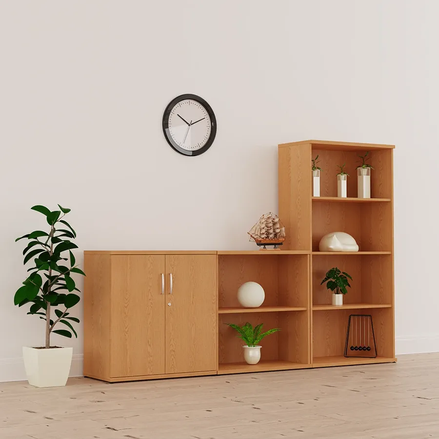 Beech low cupboard and bookcase with plants