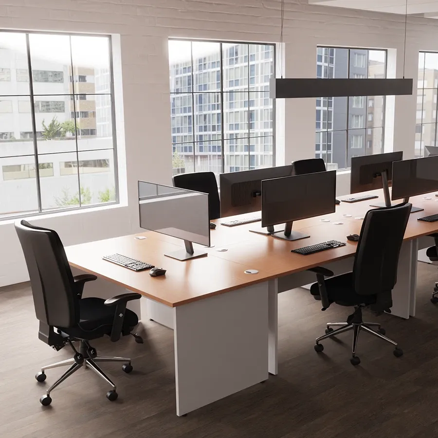 Walnut panel end desks with black chairs in an open-plan office
