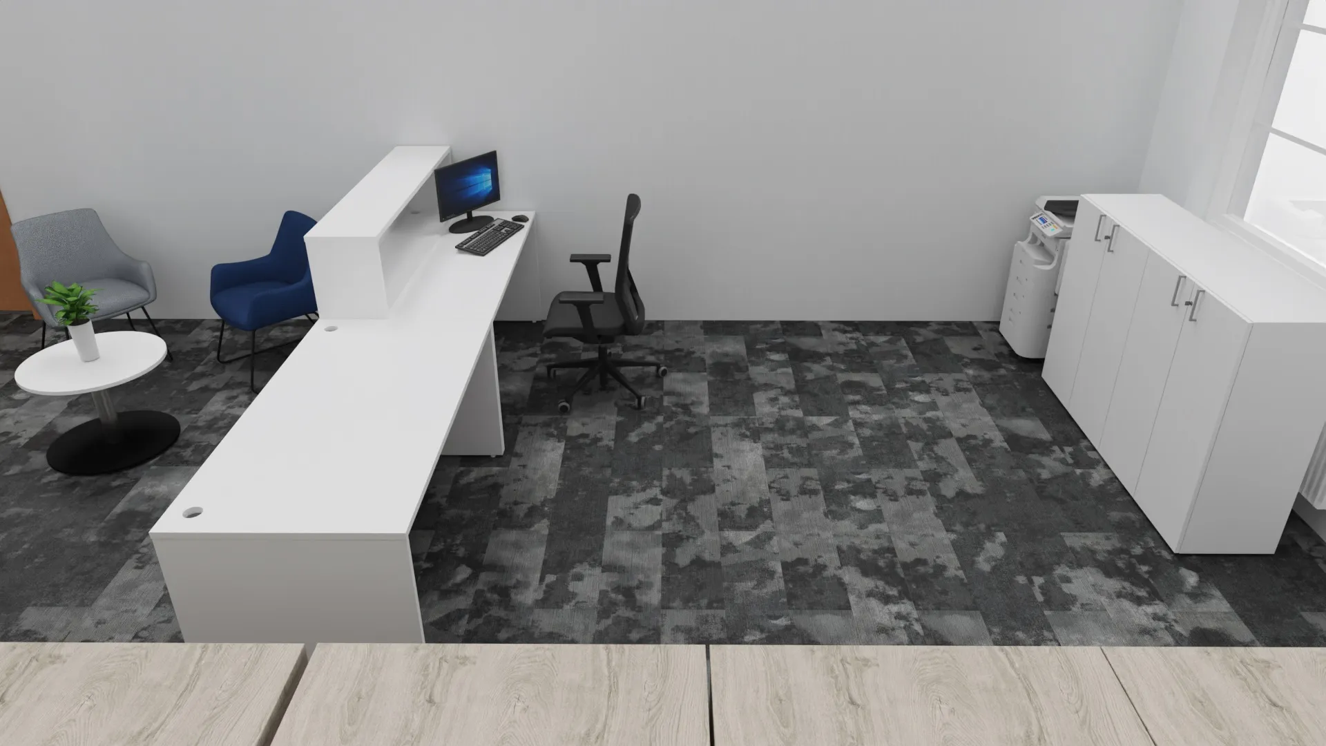 3D design visual: white reception desk