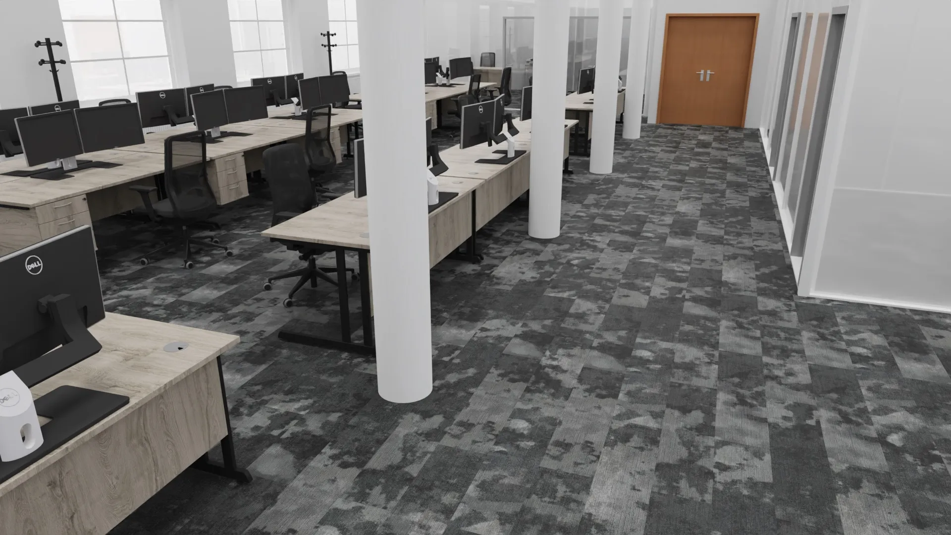 3D design visual: open-plan office with bench desks and pillars