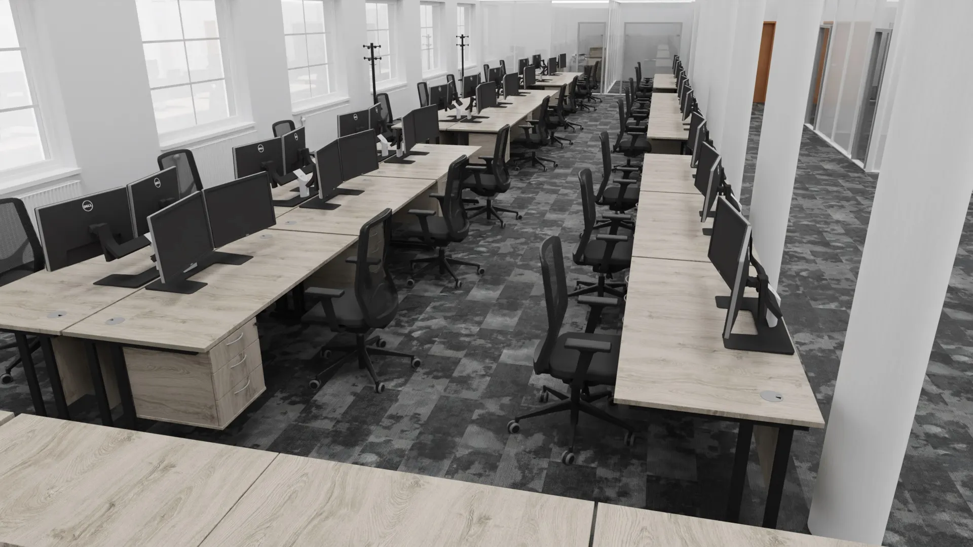 3D design visual: long rows of bench desks