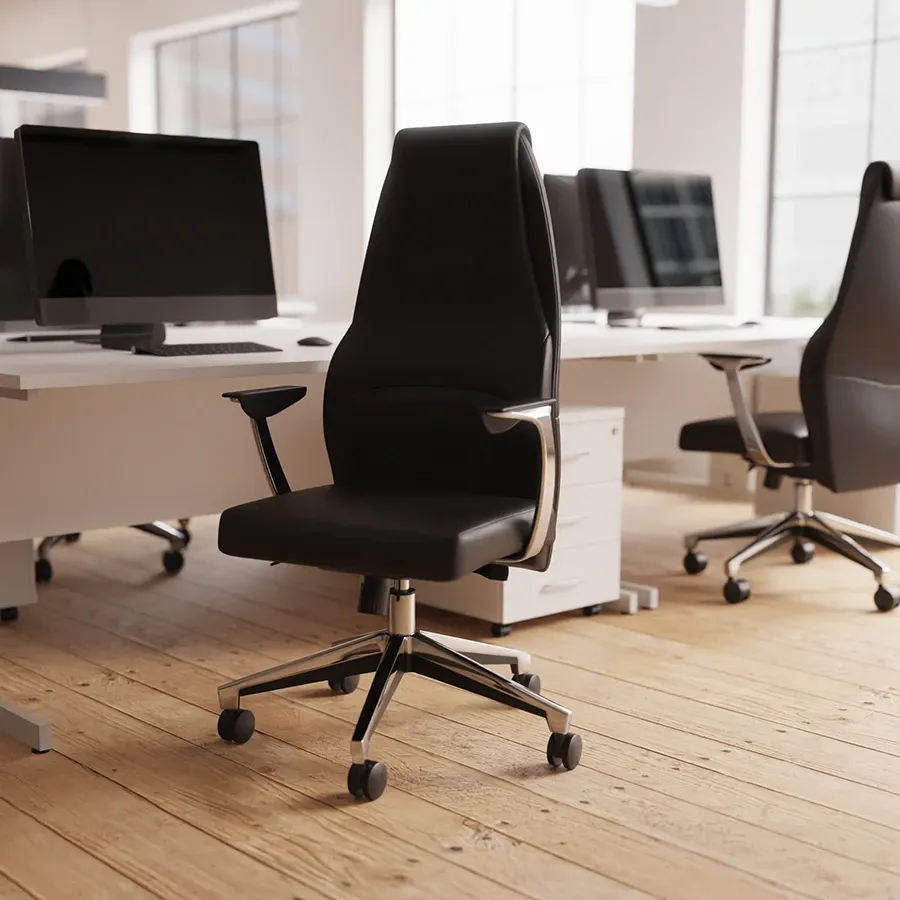 Black leather office chairs at white desks