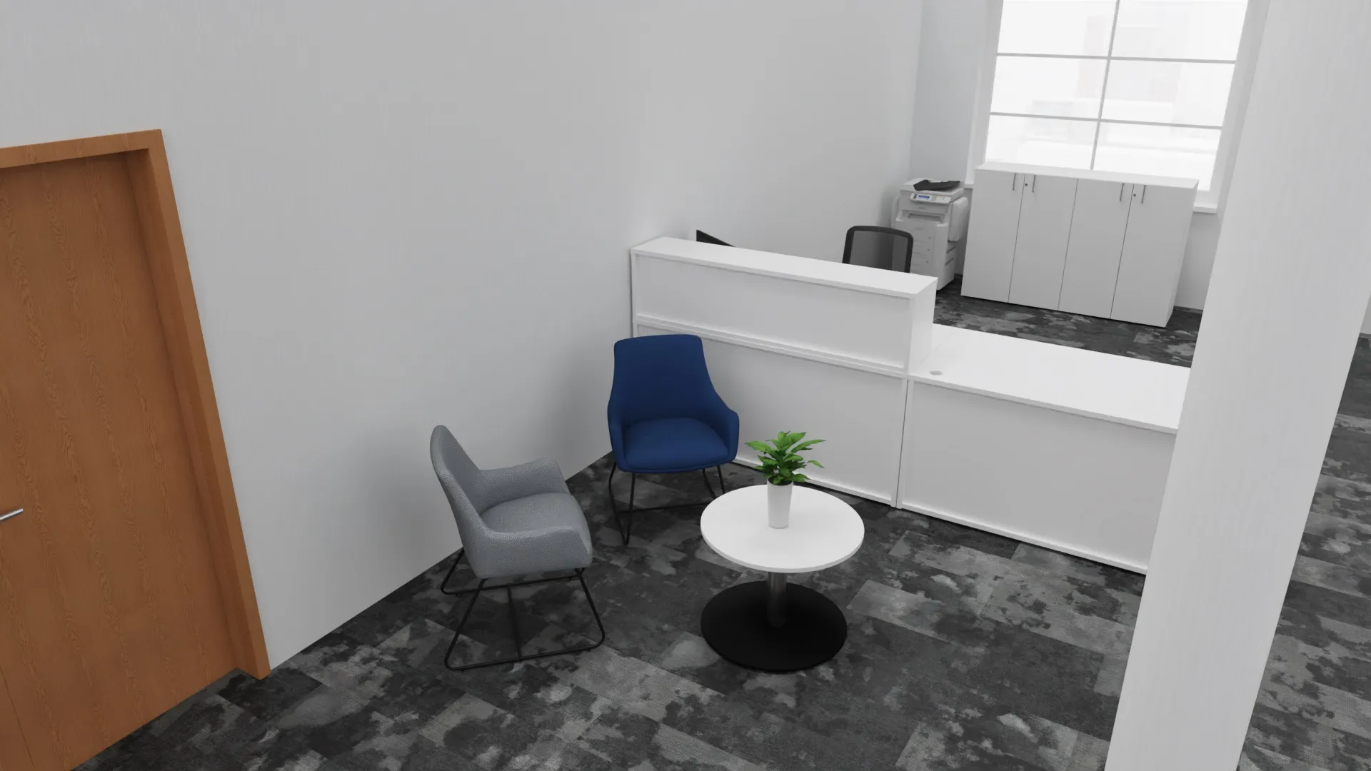 3D design visual: reception with a white desk and a blue armchair