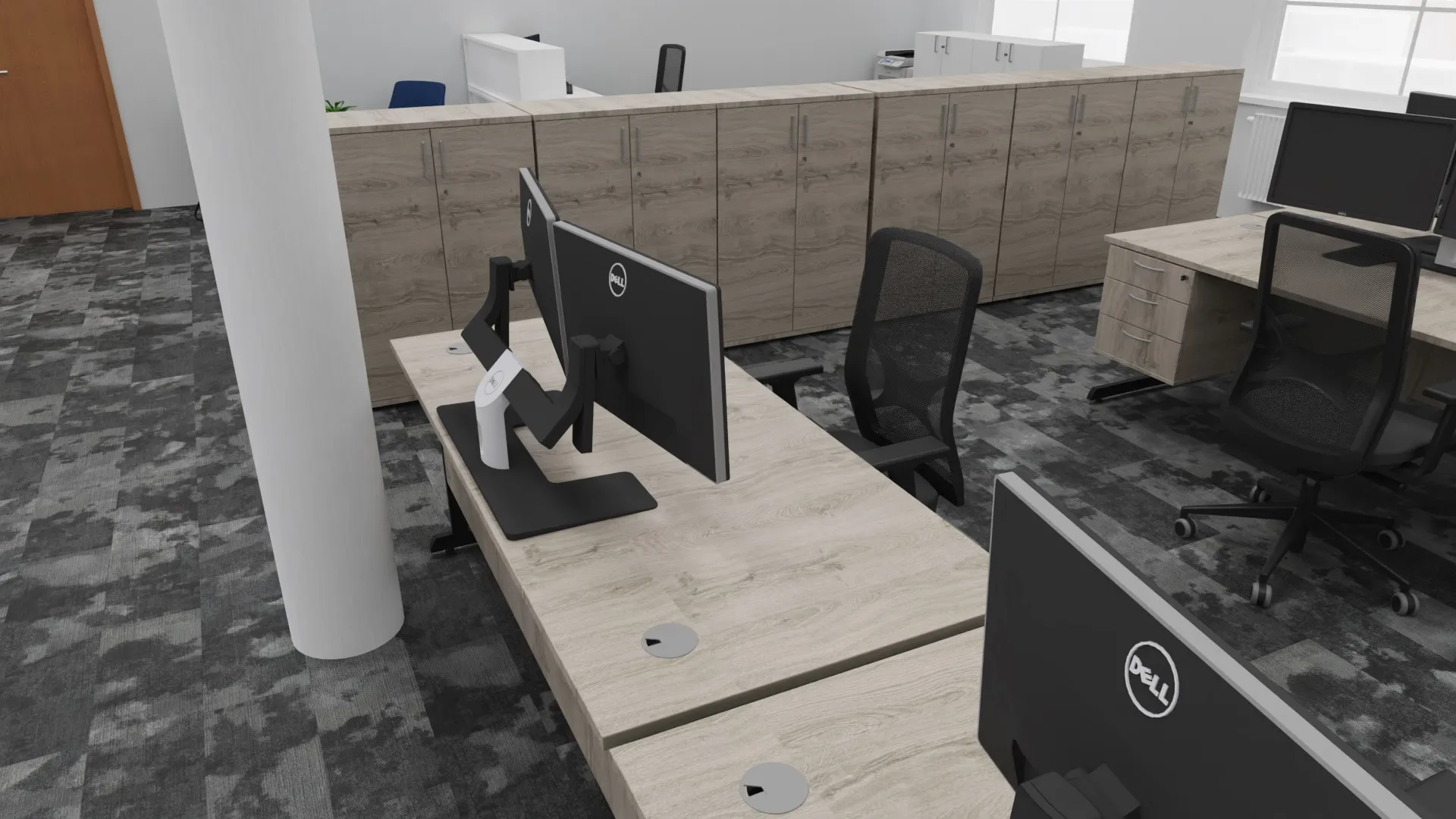 3D design visual: bench desks with monitors and tall storage