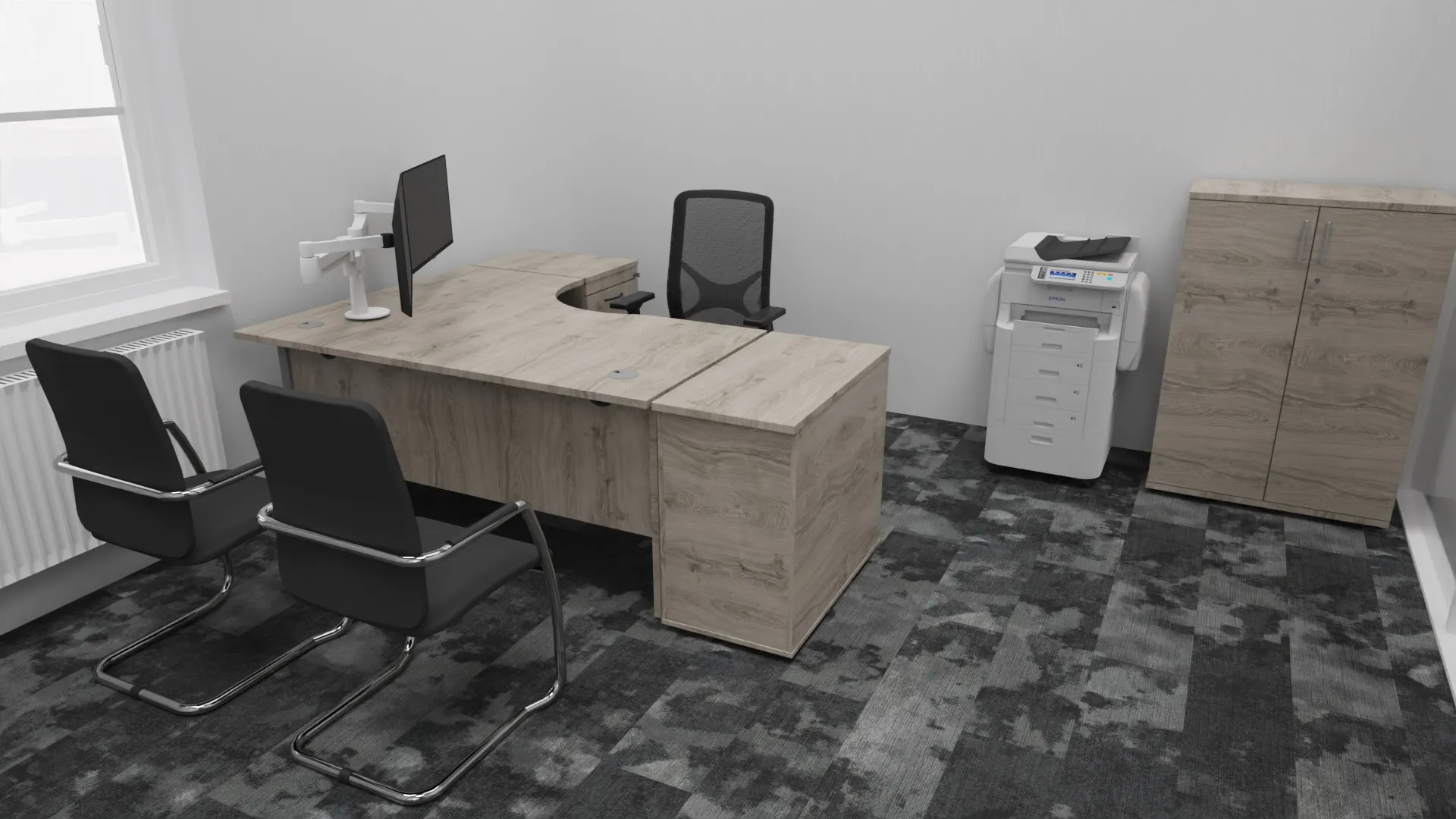 3D design visual: manager's office with cantilever visitor chairs