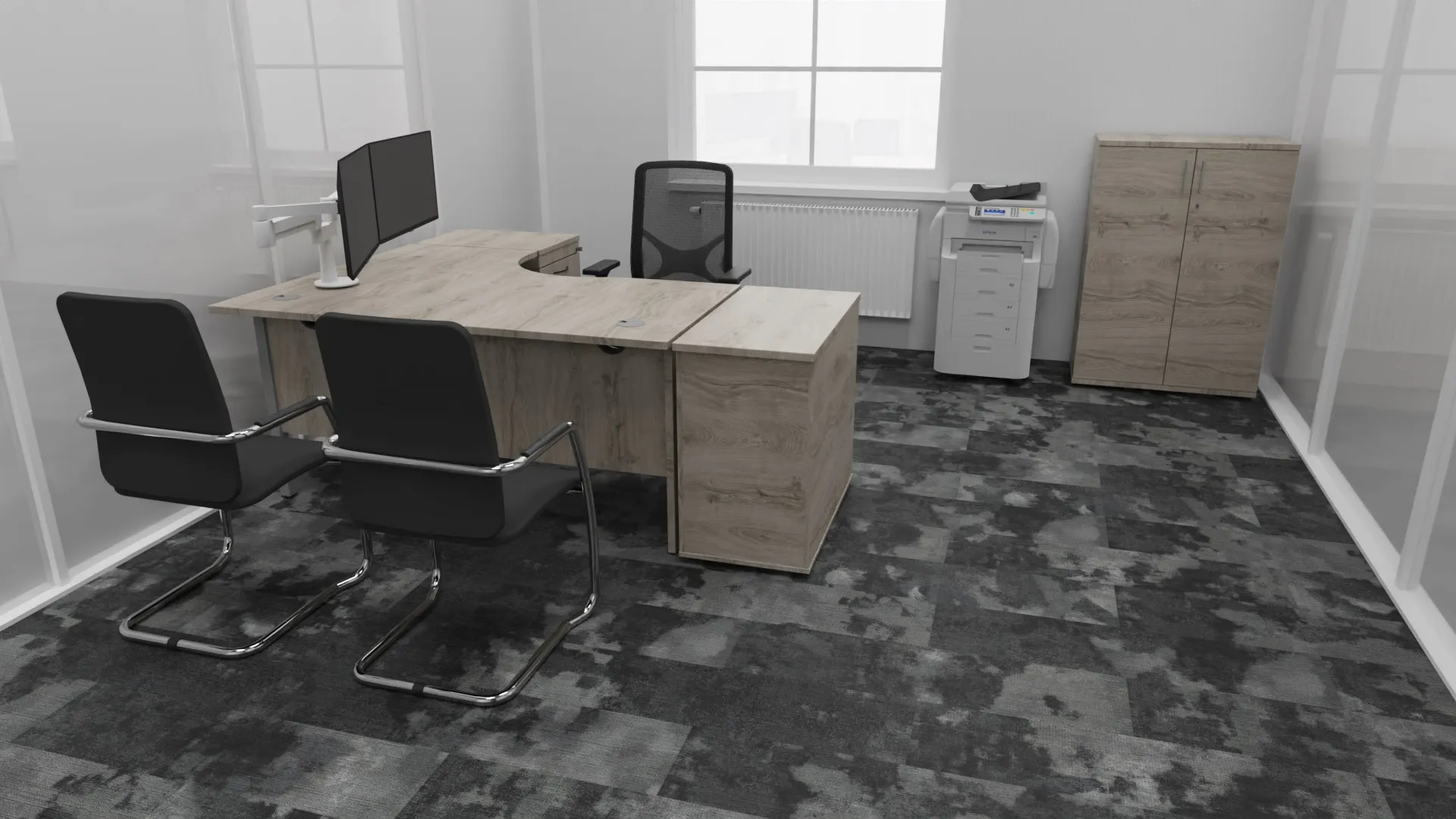 3D design visual: manager's office with a grey oak desk