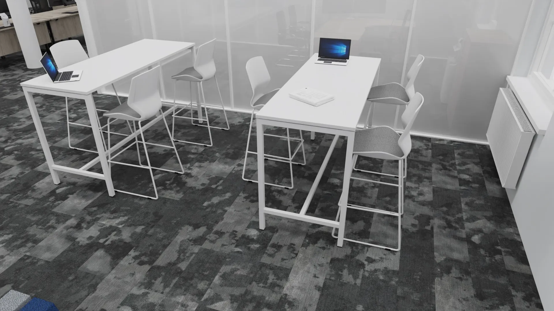 3D design visual: white poseur tables and stools