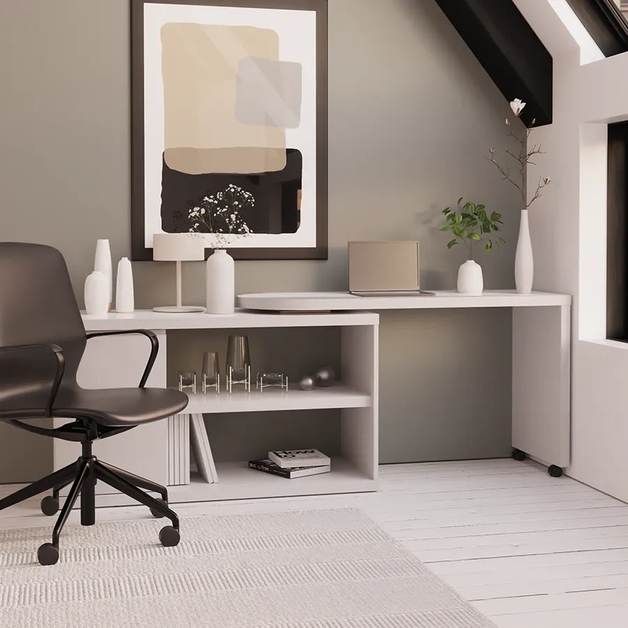 White home office desk with built-in shelving and a black chair