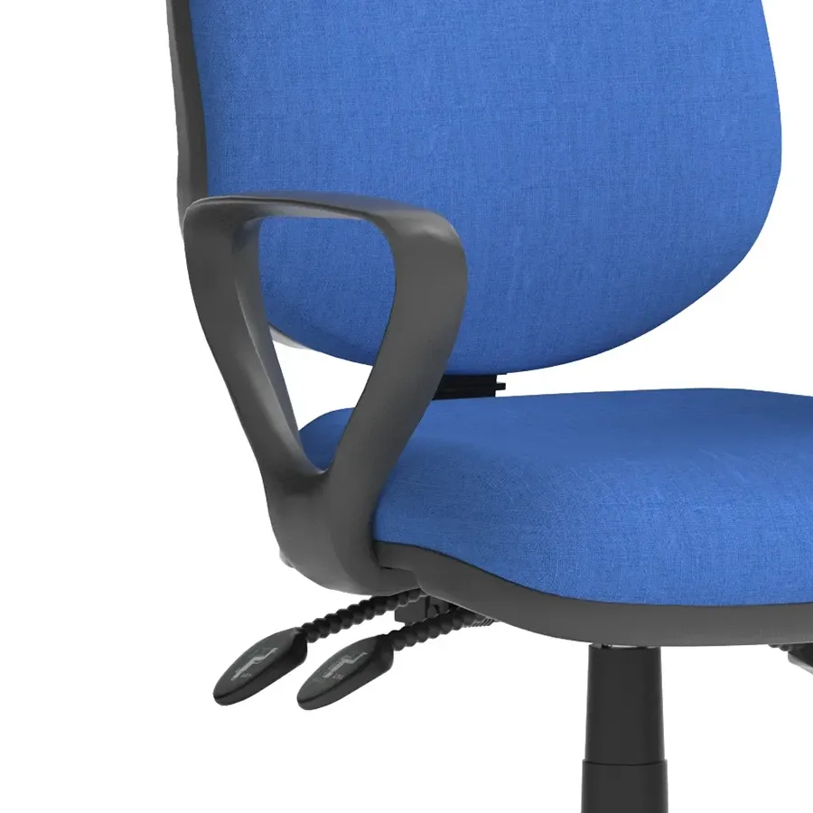 Blue fabric operator chair with adjustable arms