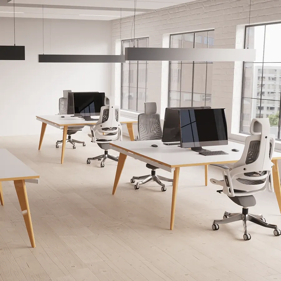 Oslo bench desks with oak tops and white frames