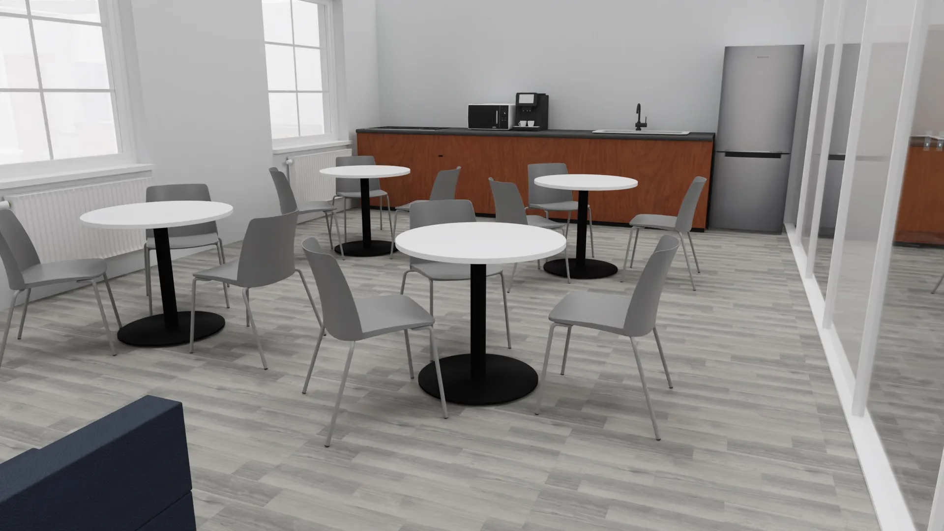 3D design visual: tea point with round tables and chairs
