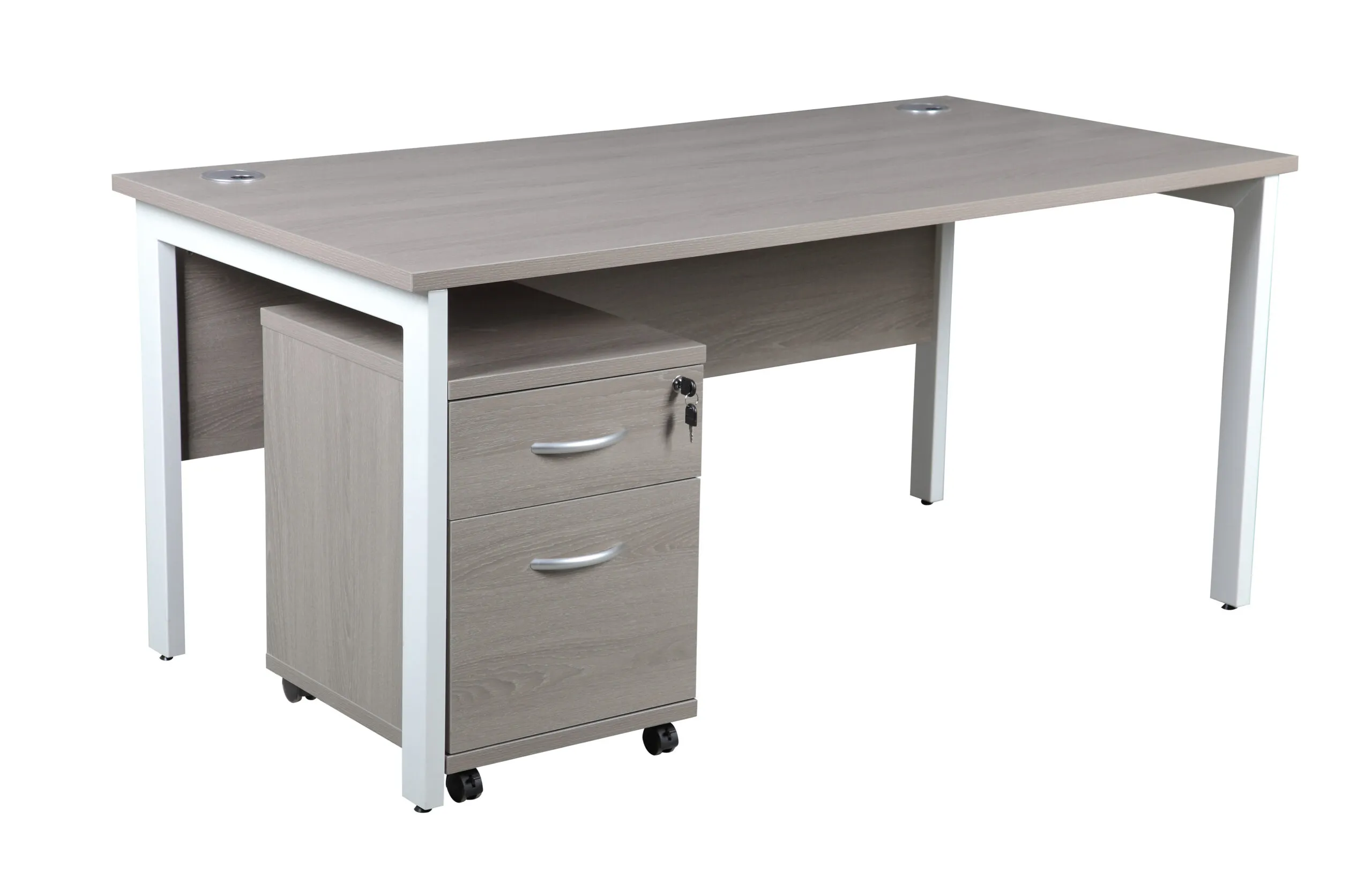 DW Single Bench Desk, 1600, 800, Grey Oak, Desk & 2 Drawer Pedestal