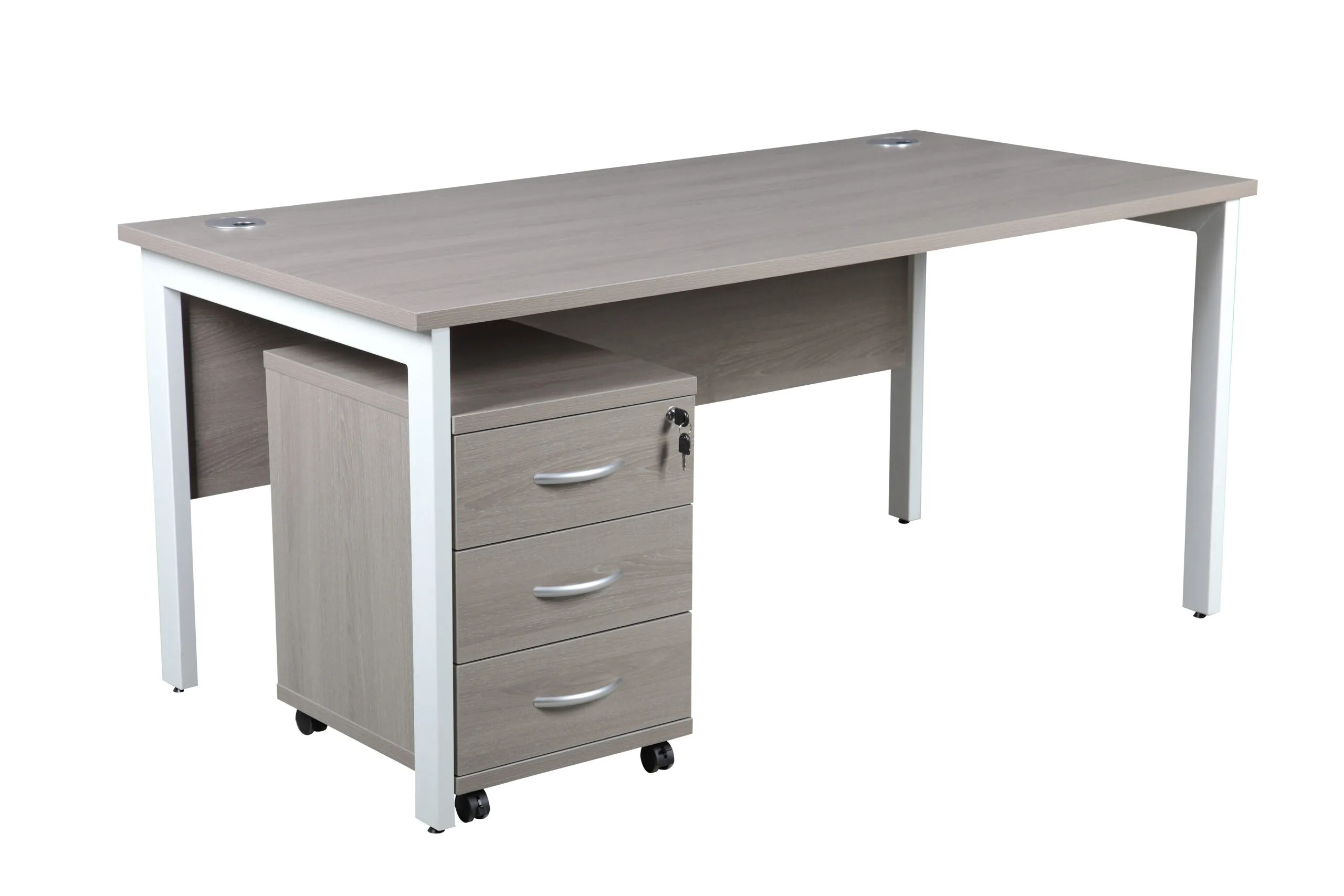 DW Single Bench Desk, 1600, 800, Grey Oak, Desk & 3 Drawer Pedestal