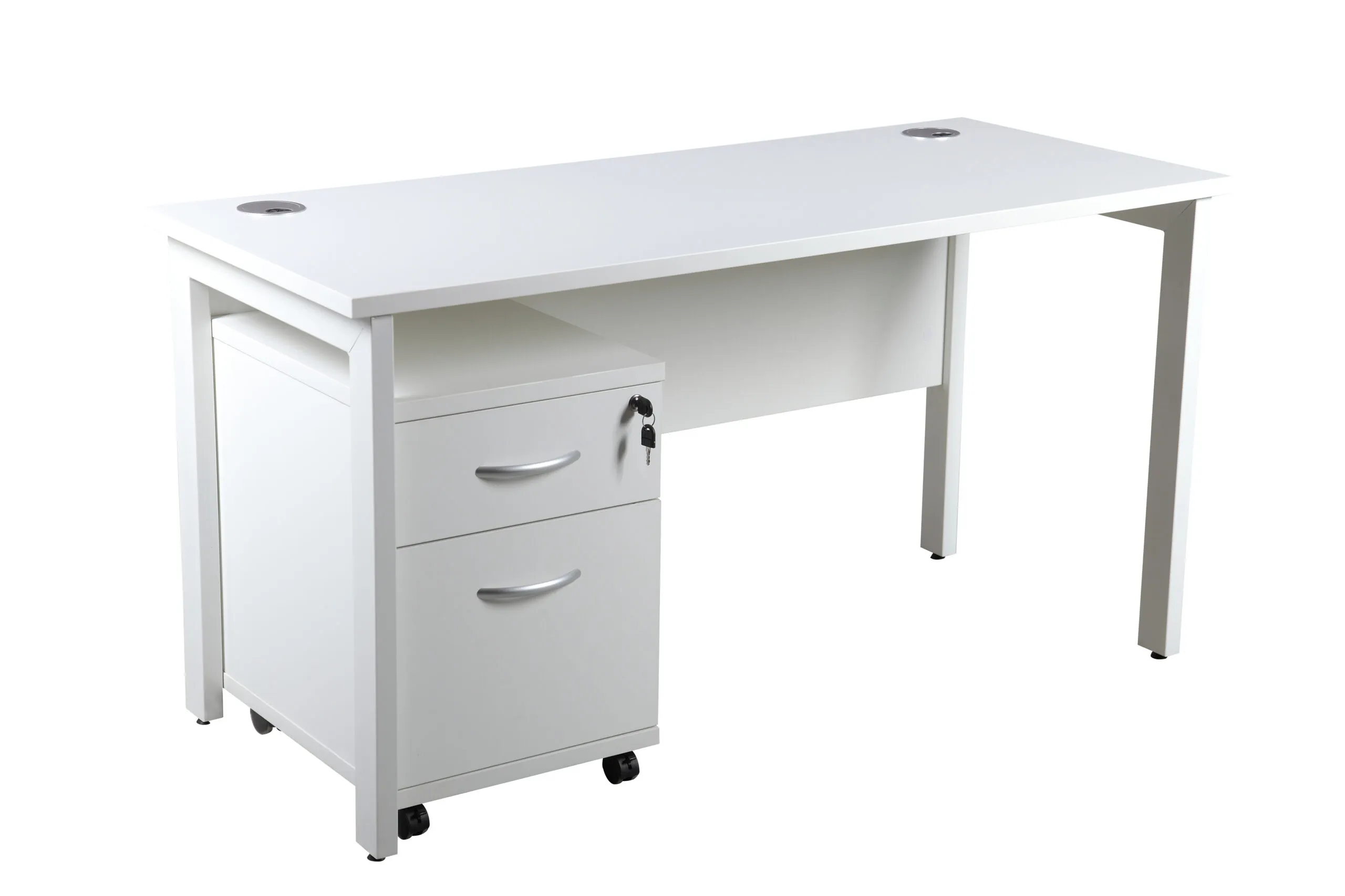DW Single Bench Desk, 1400, 600, White, Desk & 2 Drawer Pedestal