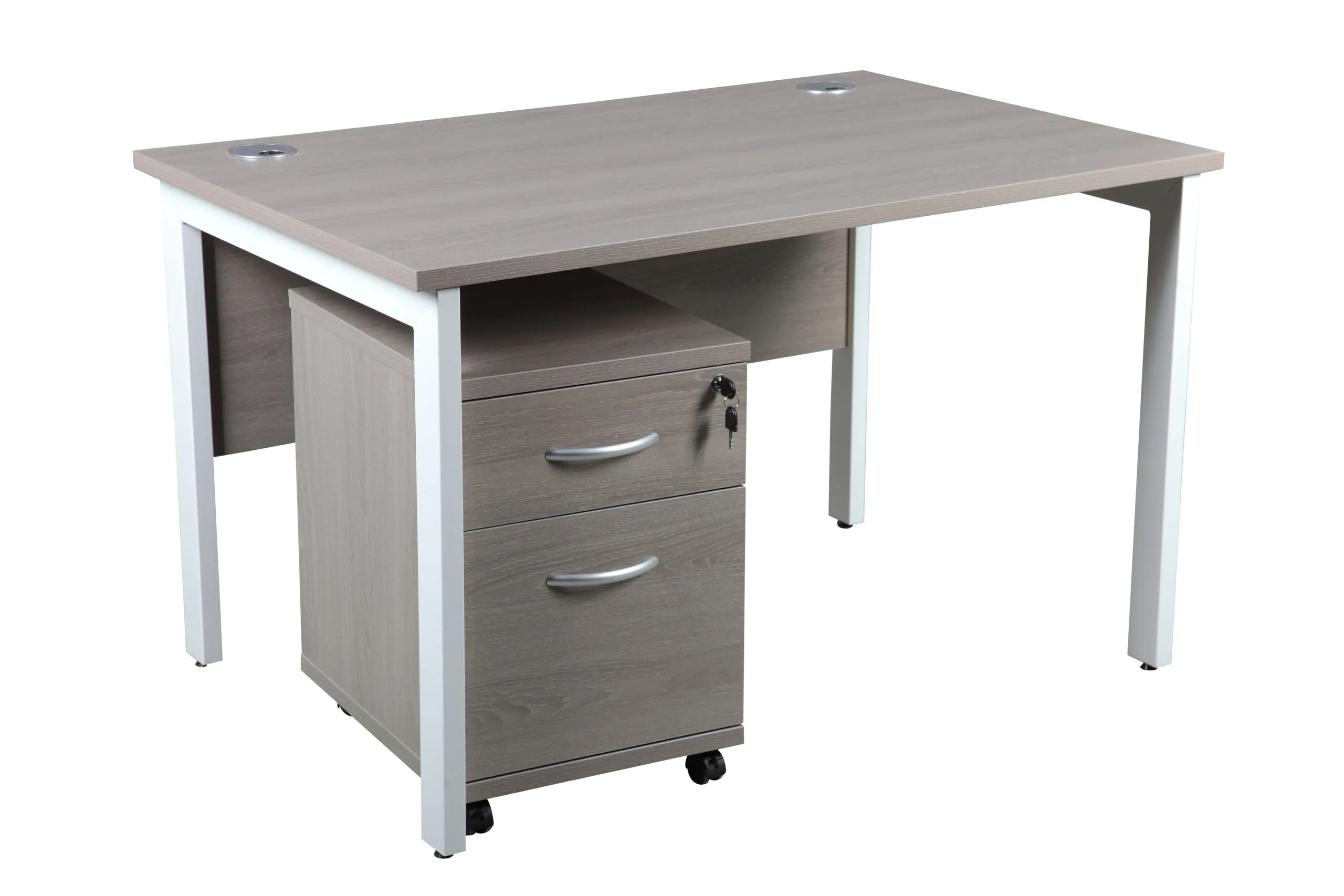DW Single Bench Desk, 1200, 600, Grey Oak, Desk & 2 Drawer Pedestal