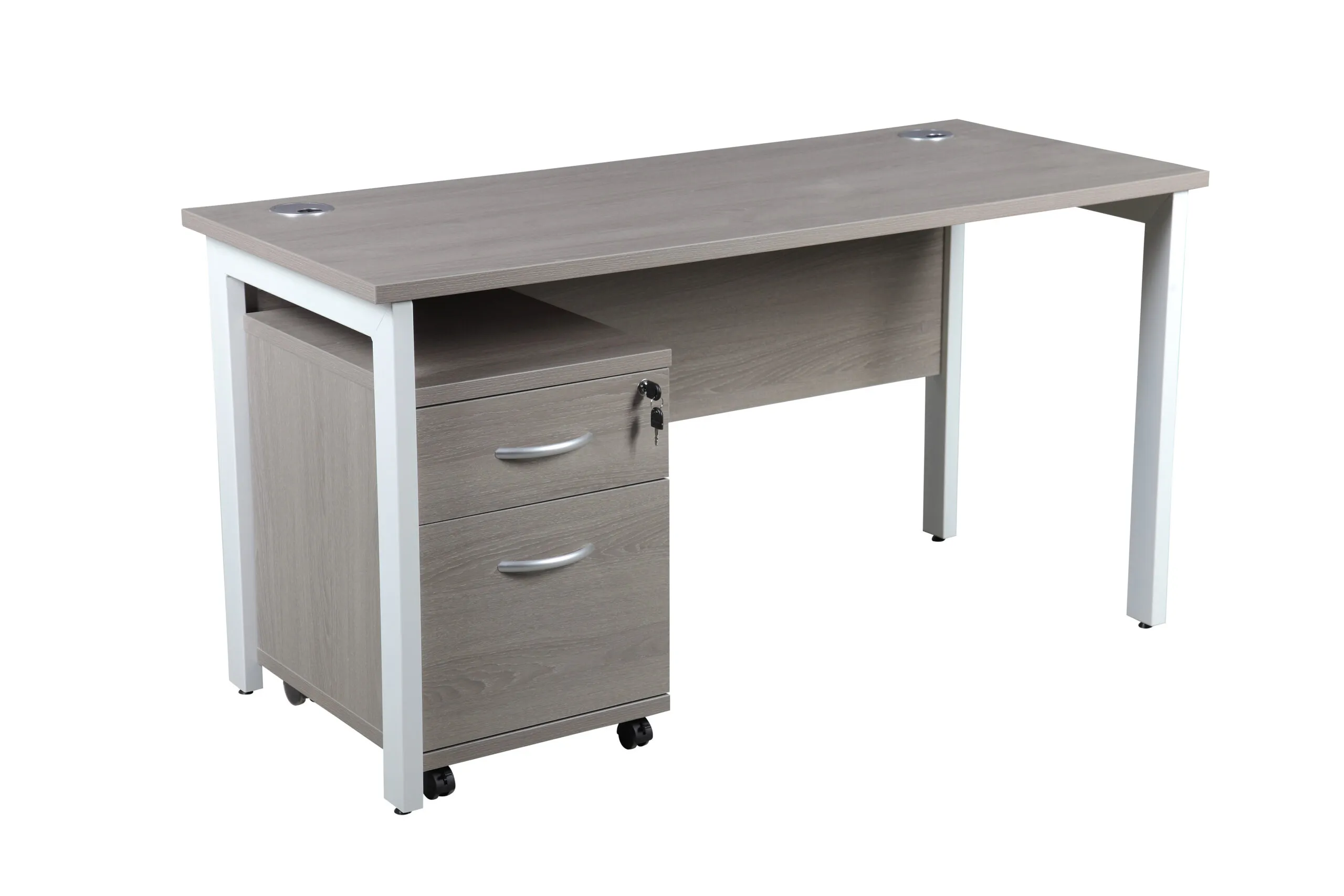 DW Single Bench Desk, 1400, 600, Grey Oak, Desk & 2 Drawer Pedestal
