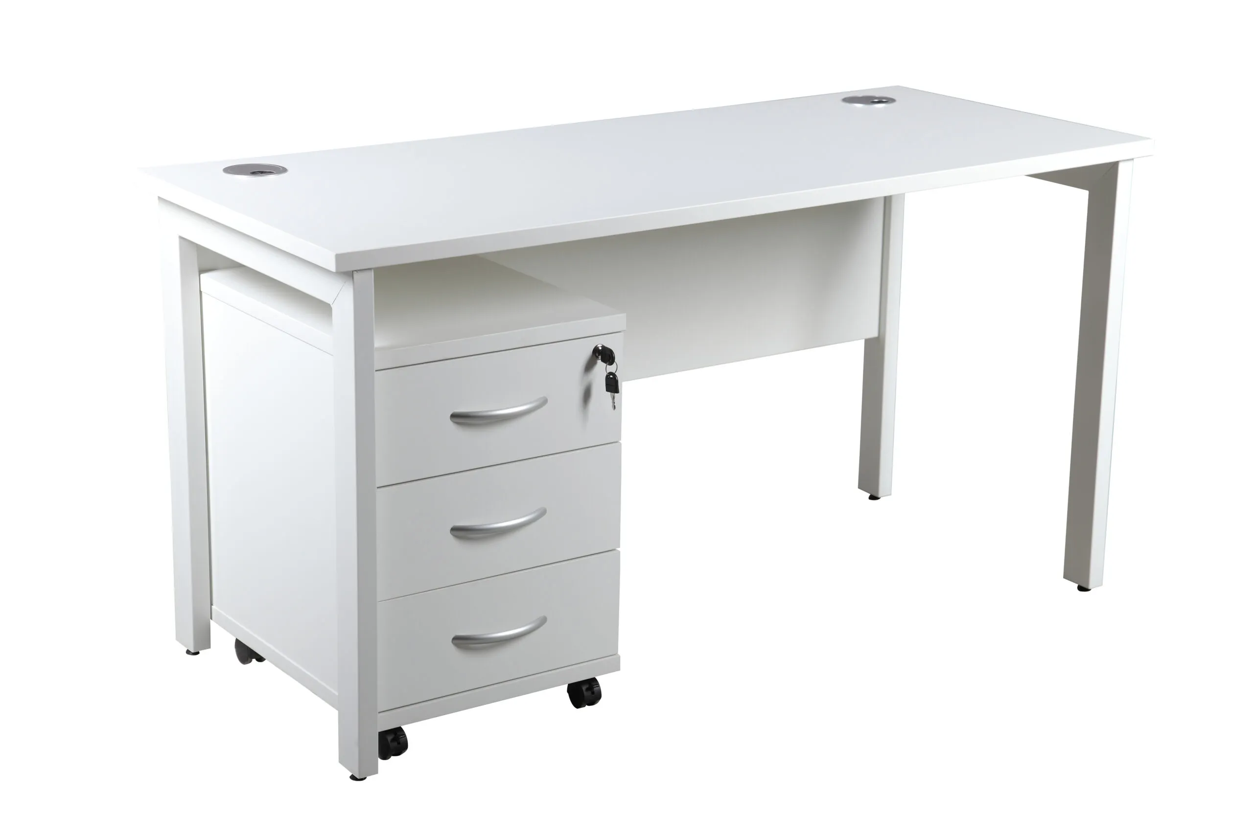 DW Single Bench Desk, 1400, 600, White, Desk & 3 Drawer Pedestal