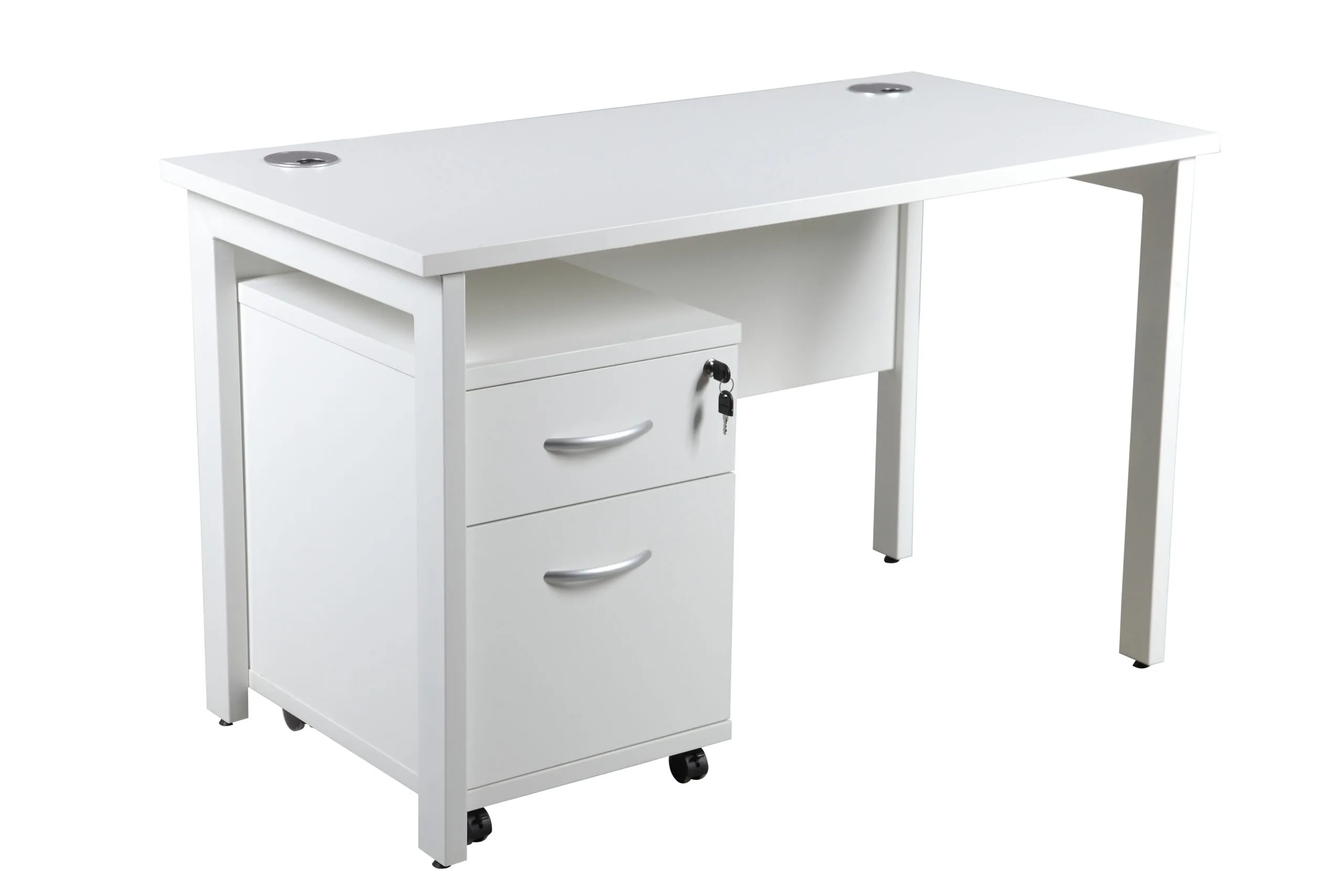 DW Single Bench Desk, 1200, 600, White, Desk & 2 Drawer Pedestal