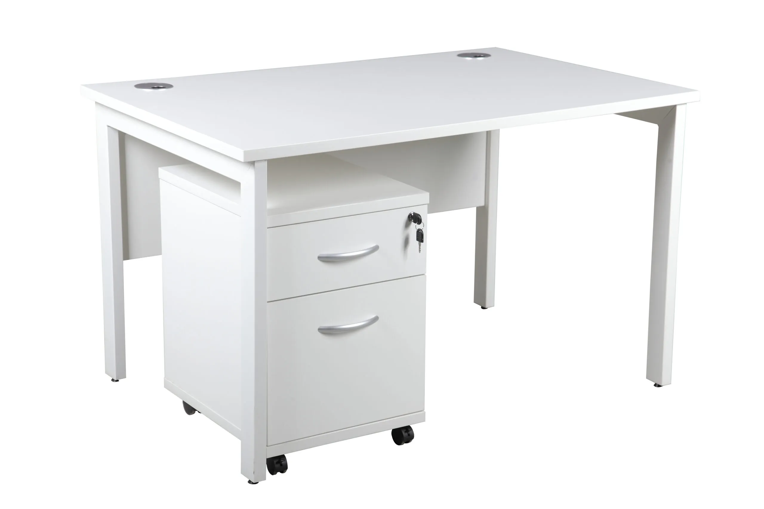 DW Single Bench Desk, 1200, 800, White, Desk & 2 Drawer Pedestal