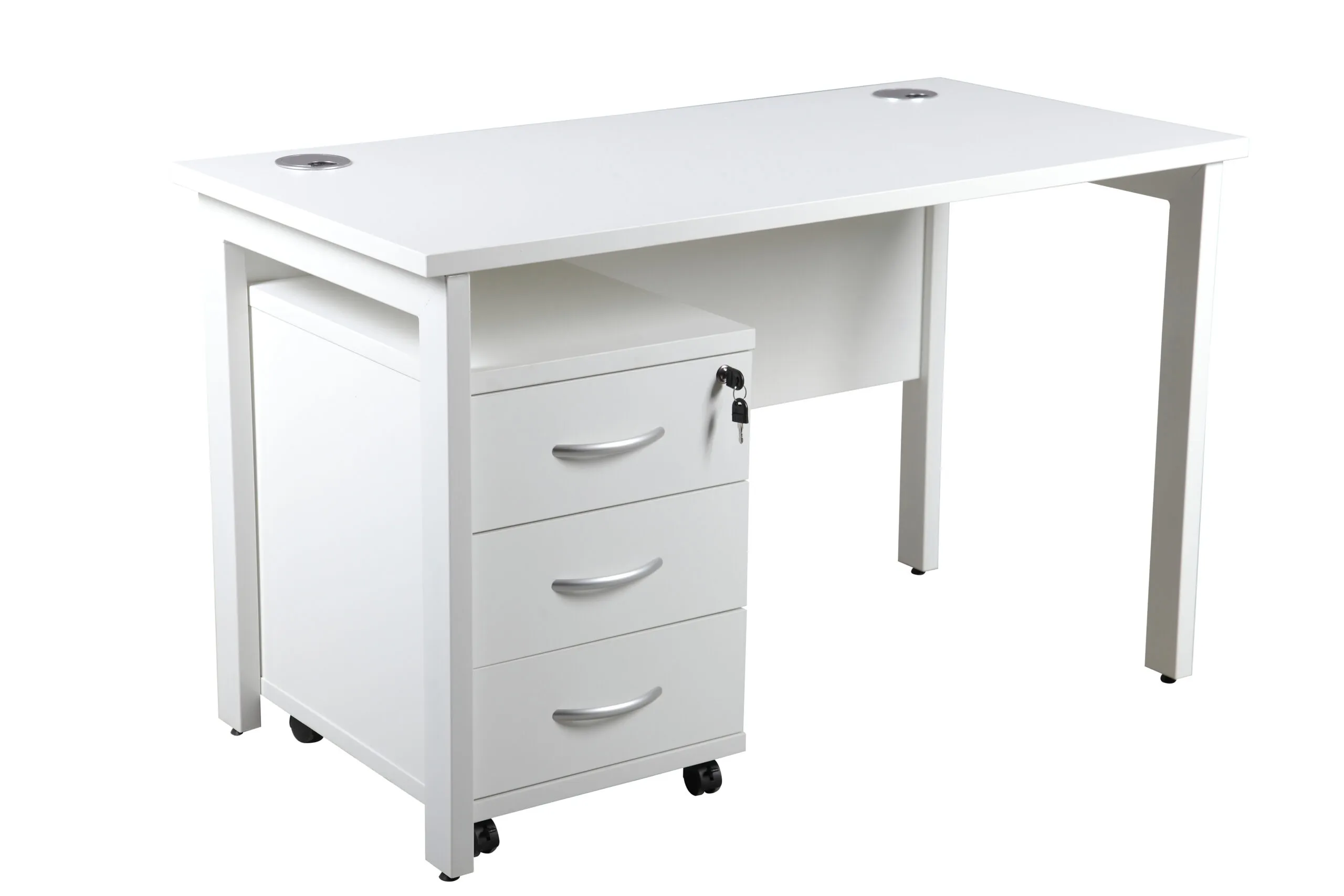 DW Single Bench Desk, 1200, 600, White, Desk & 3 Drawer Pedestal