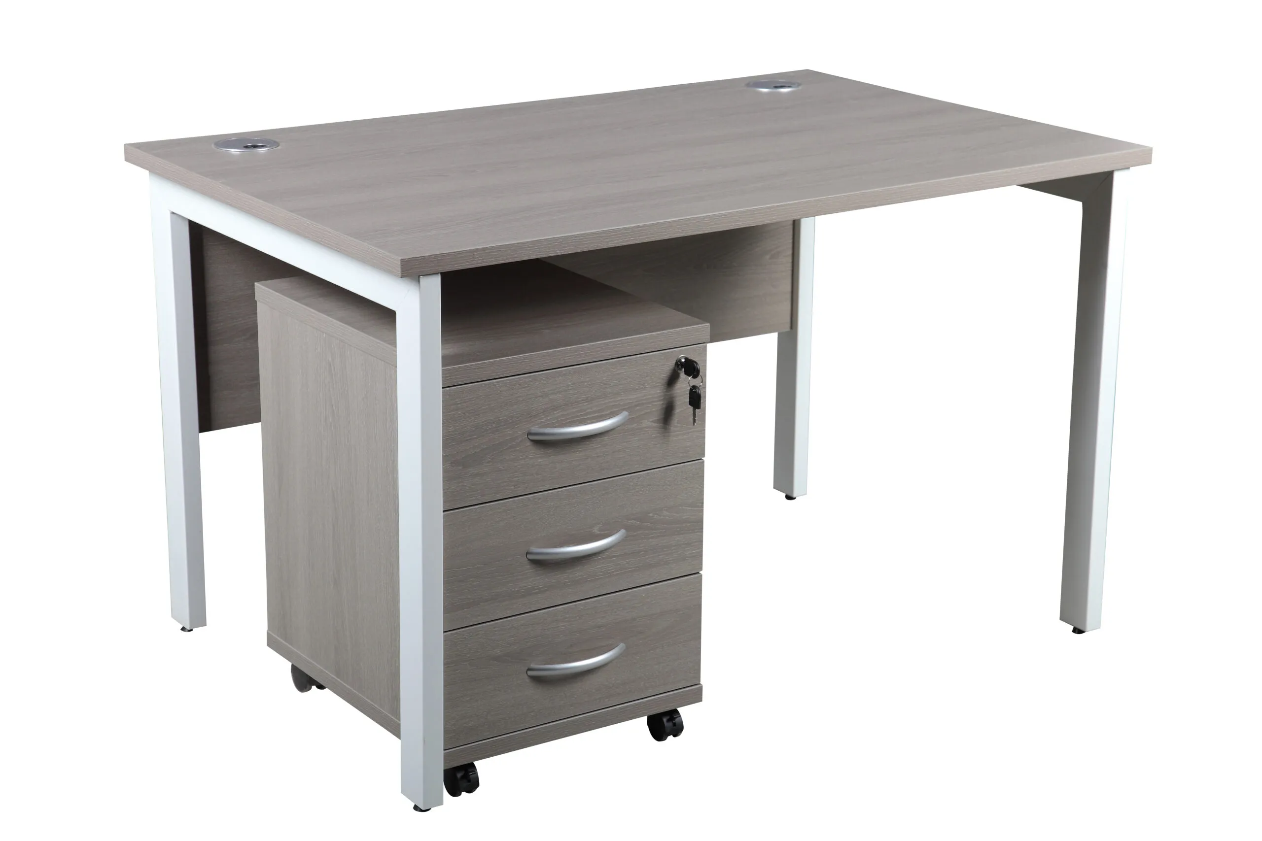 DW Single Bench Desk, 1200, 600, Grey Oak, Desk & 3 Drawer Pedestal