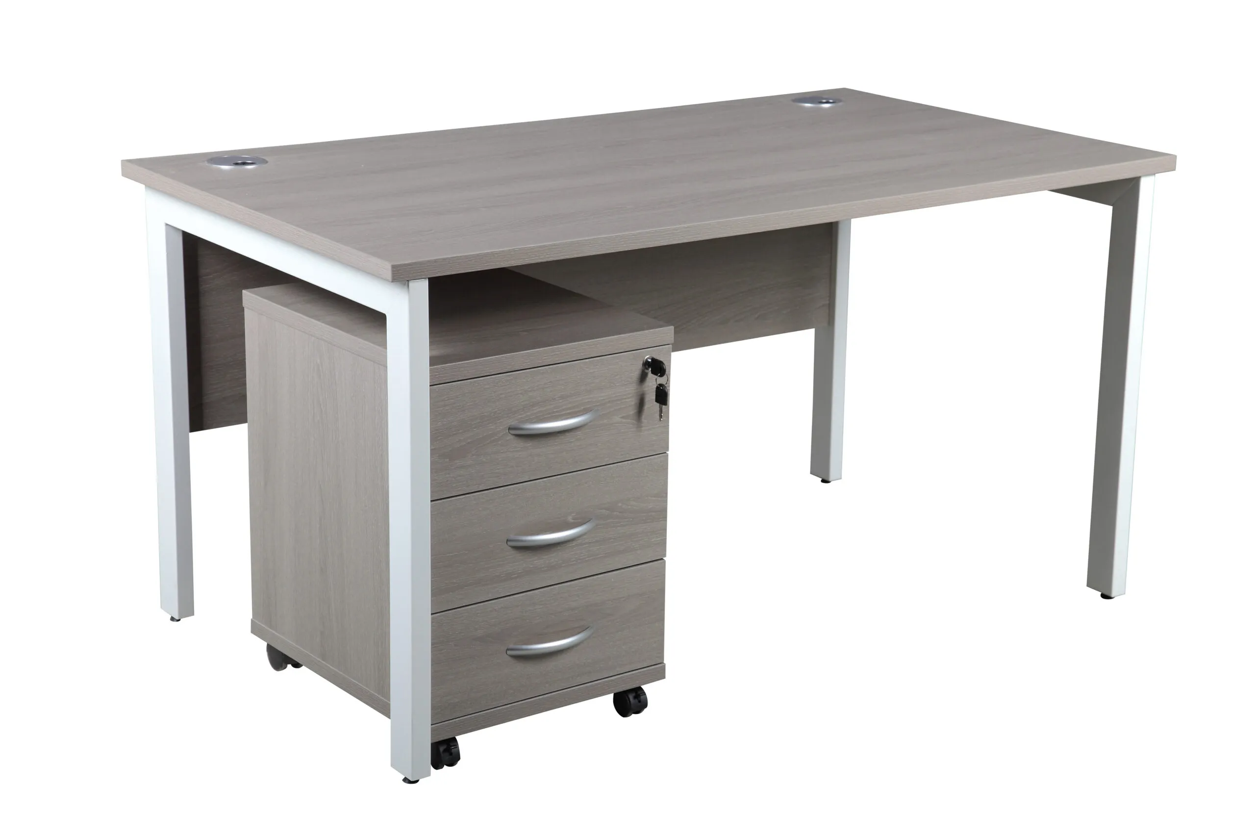 DW Single Bench Desk, 1400, 800, Grey Oak, Desk & 3 Drawer Pedestal