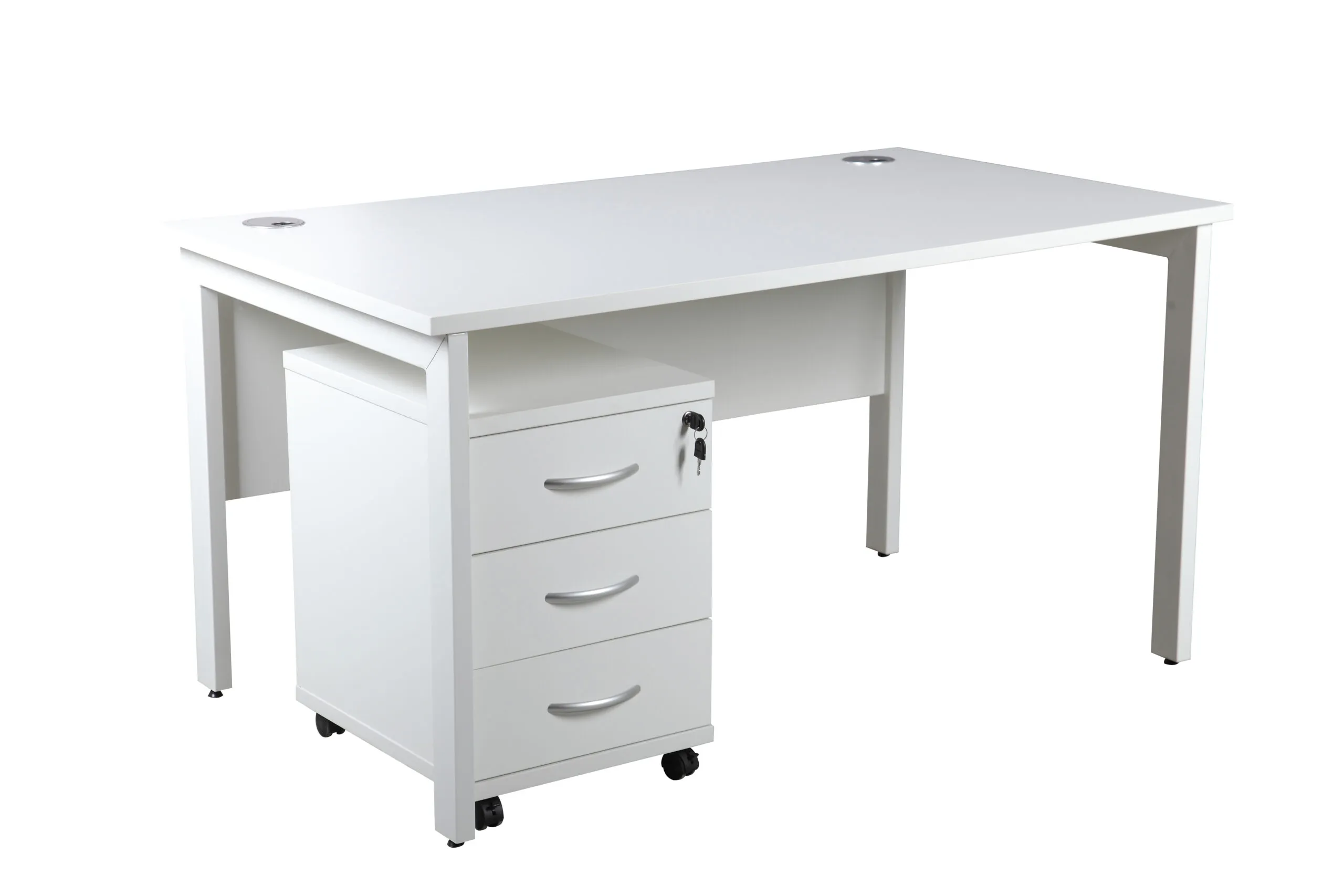 DW Single Bench Desk, 1400, 800, White, Desk & 3 Drawer Pedestal