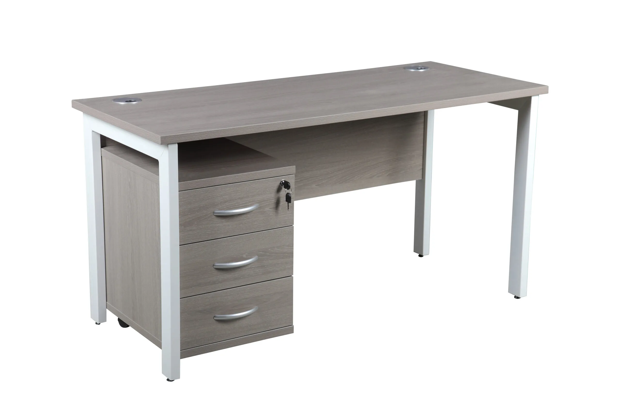 DW Single Bench Desk, 1400, 600, Grey Oak, Desk & 3 Drawer Pedestal
