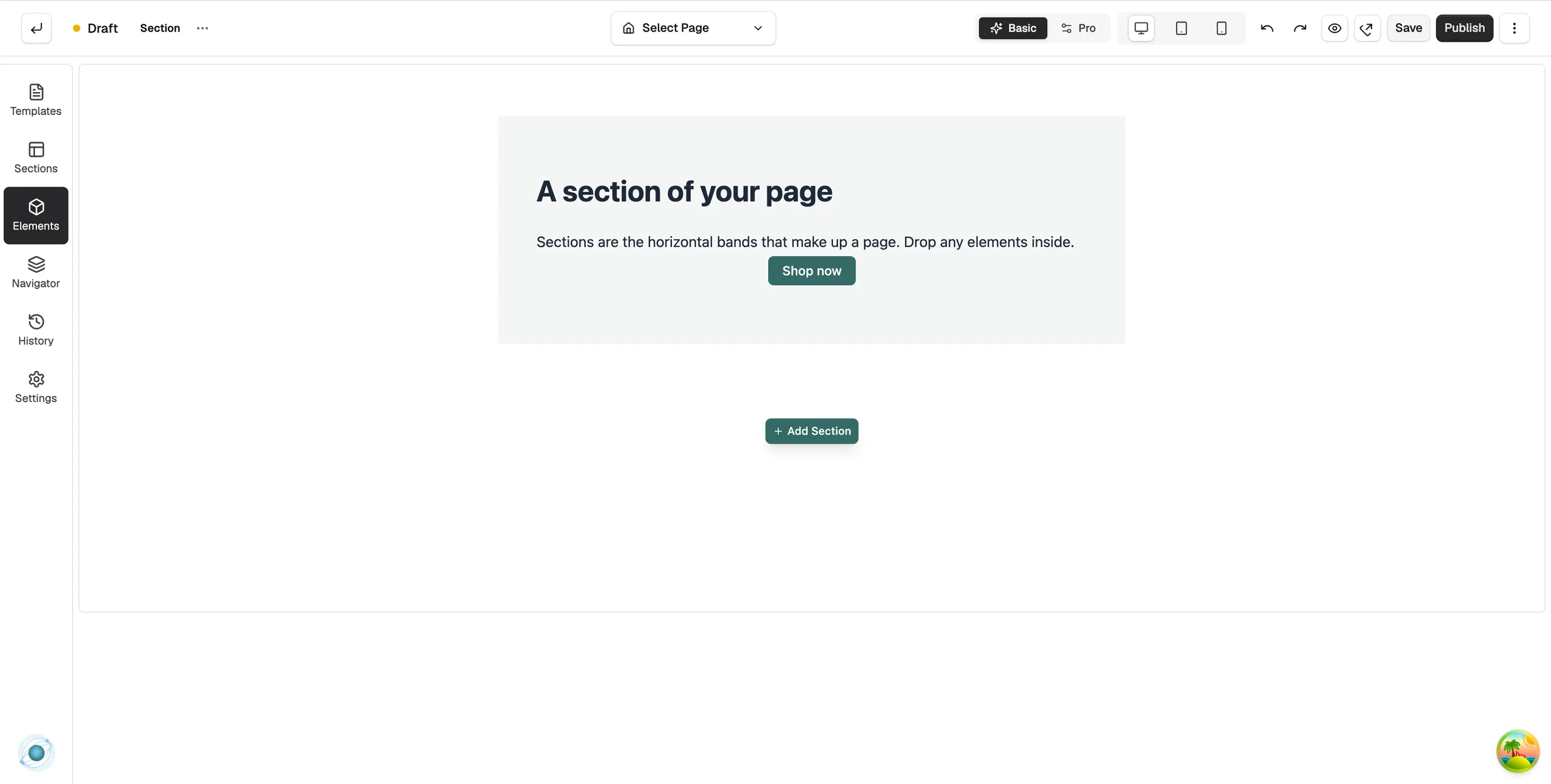 An empty Section on the page builder canvas, with the Layout settings open on the right