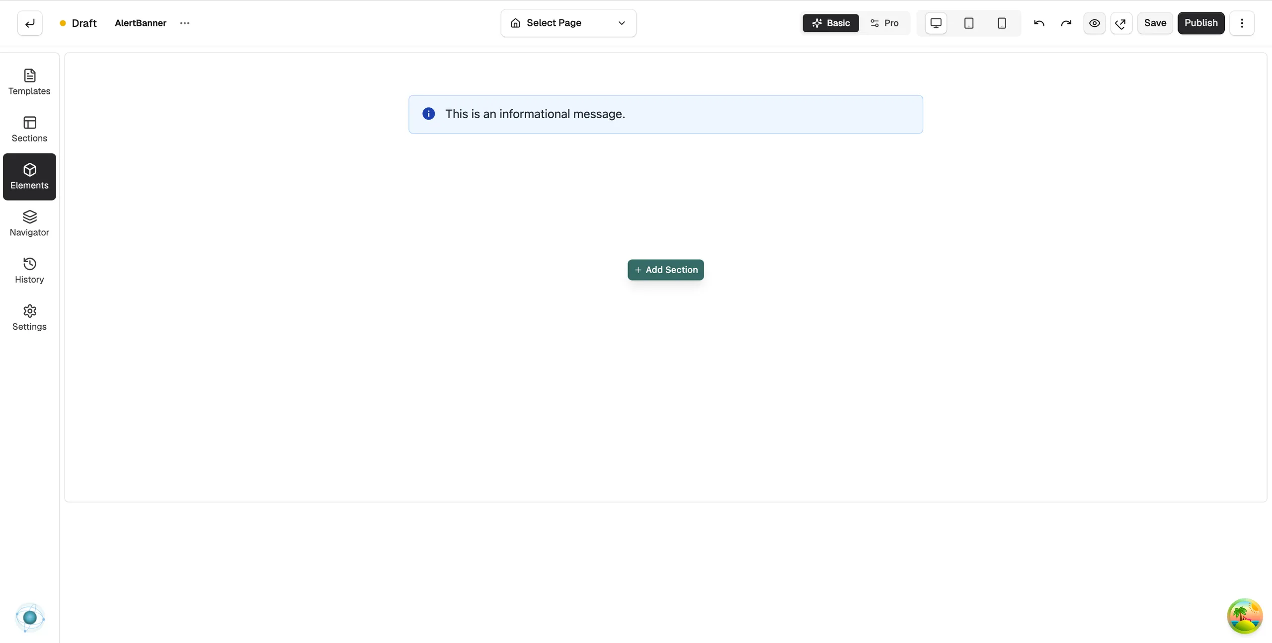 An Alert Banner on the page builder canvas showing an informational message with an icon