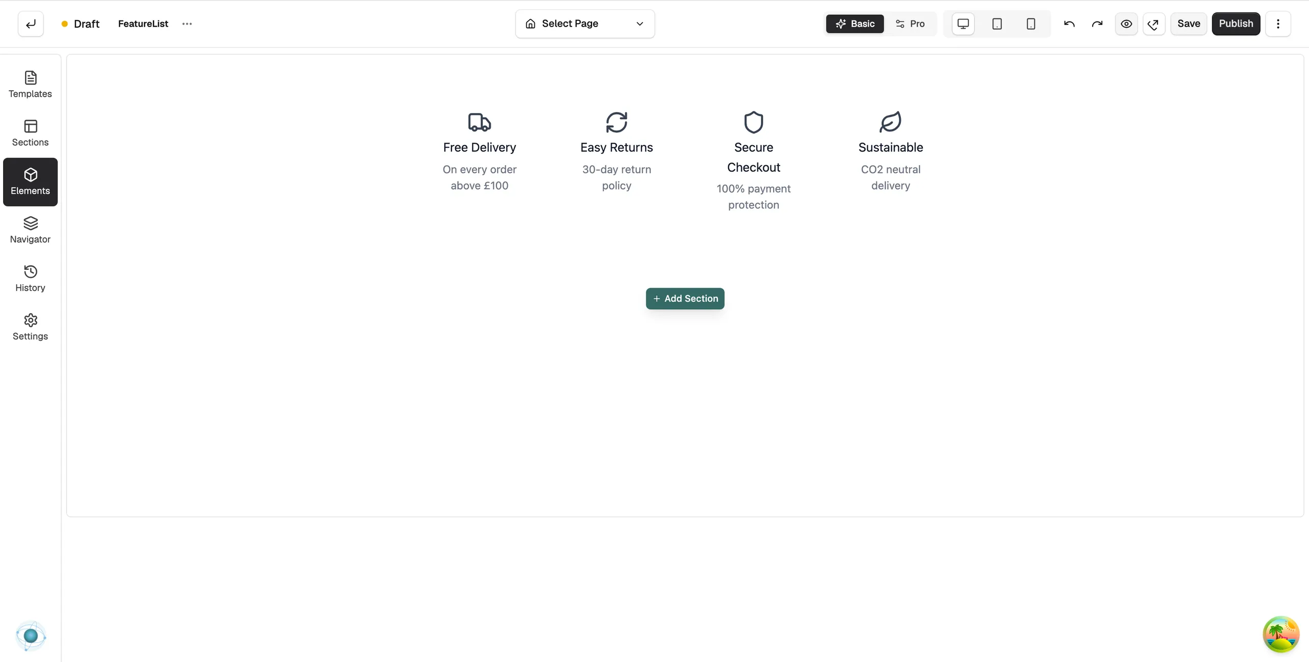 A Feature List on the page builder canvas, showing four features in a row with an icon, a title and a description each