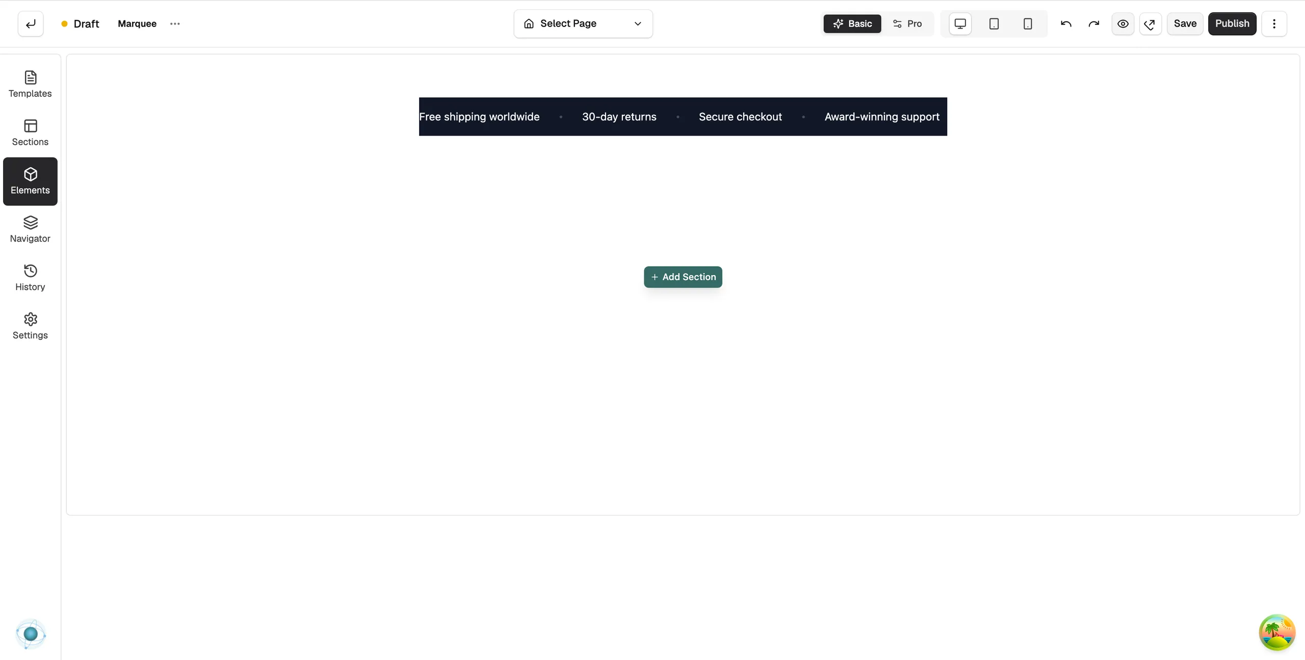 A new Marquee element on the page builder canvas, a dark strip with sample messages such as Free shipping worldwide and 30-day returns