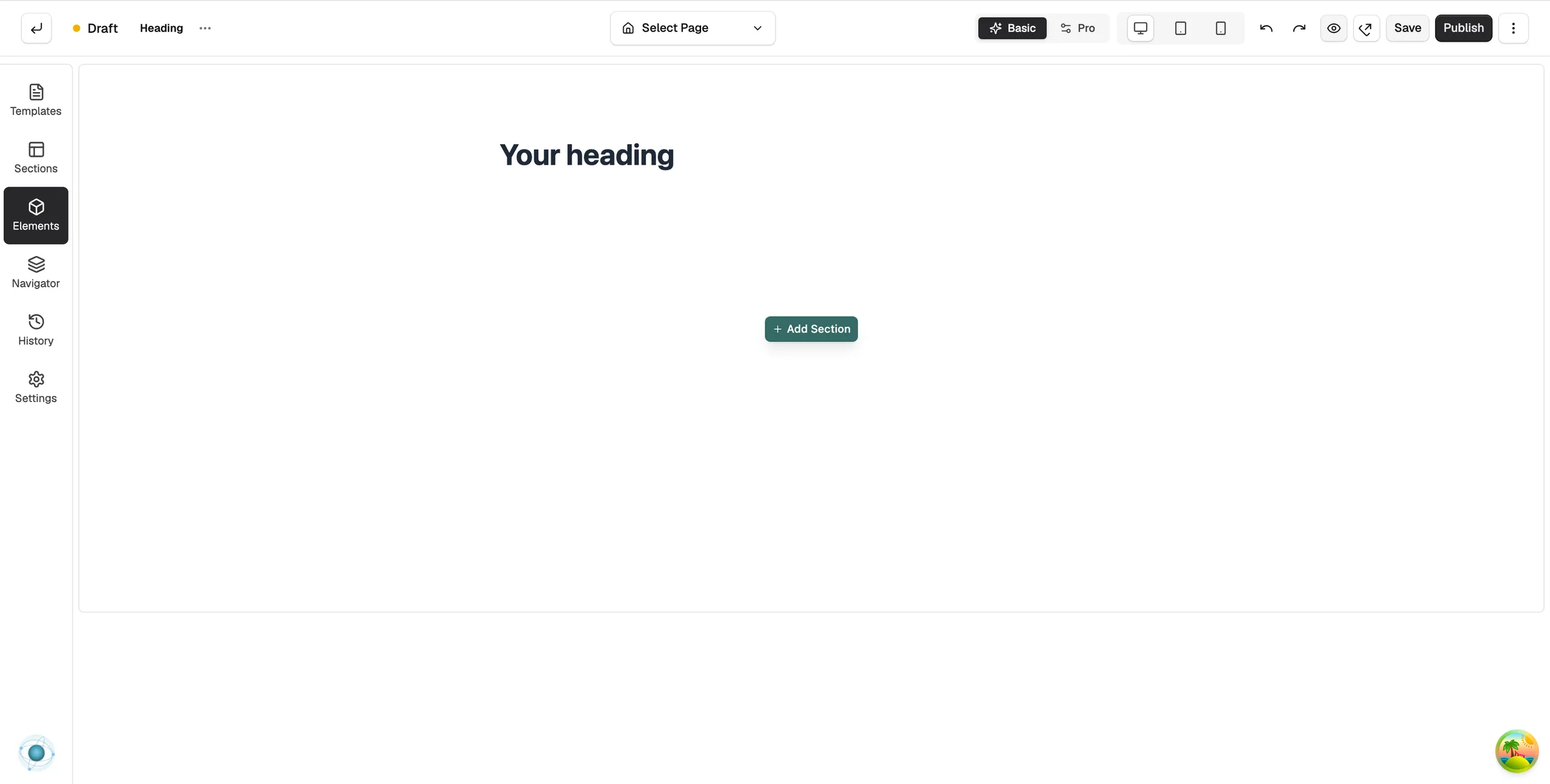 A Heading element on the page builder canvas reading Your Heading