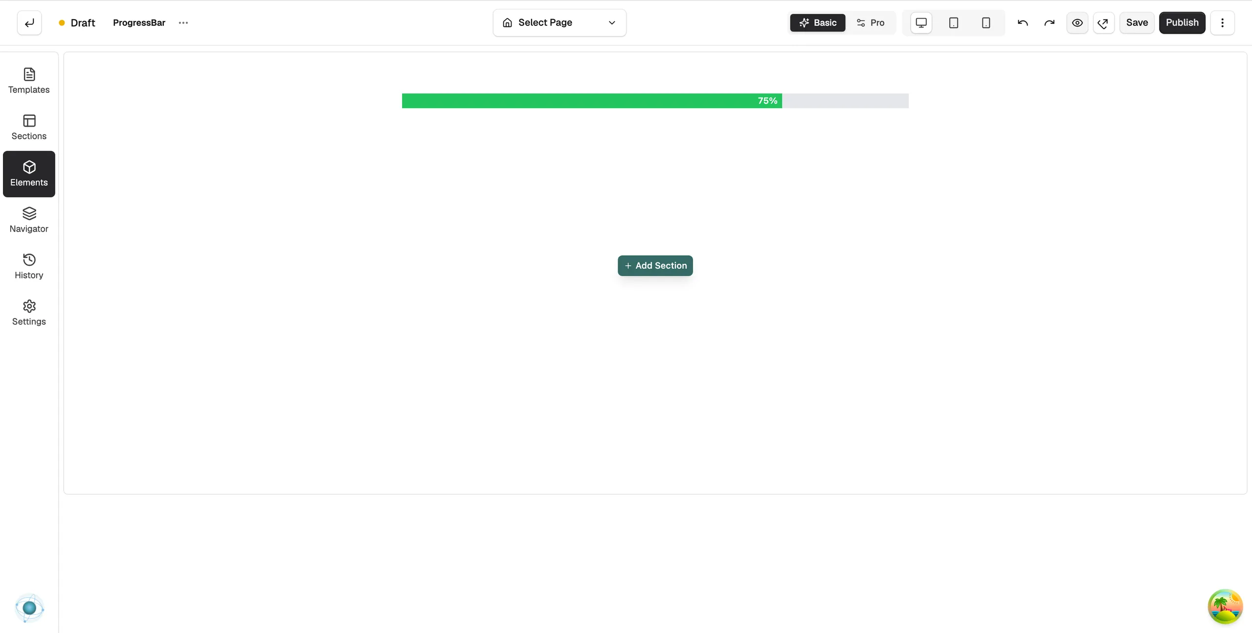 A Progress Bar on the page builder canvas, with the Progress and Animation settings open on the right