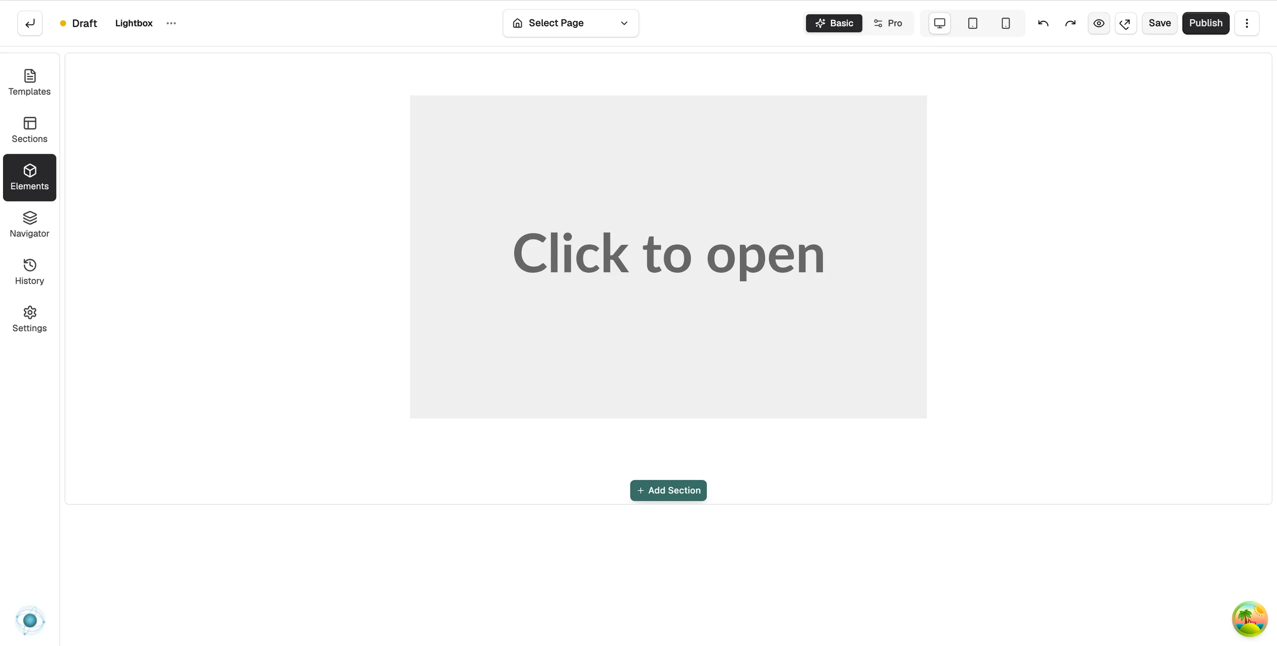 A new Lightbox element on the page builder canvas, showing the placeholder preview image that reads Click to open