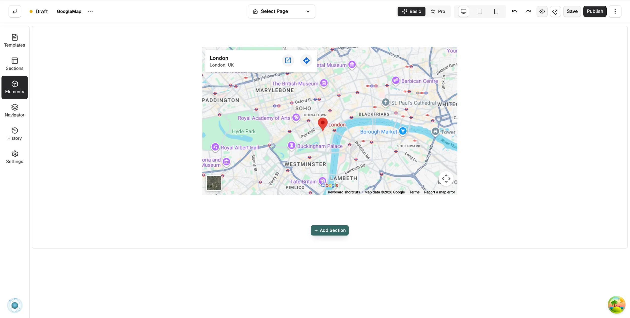 A Google Map element on the page builder canvas, showing an embedded road map