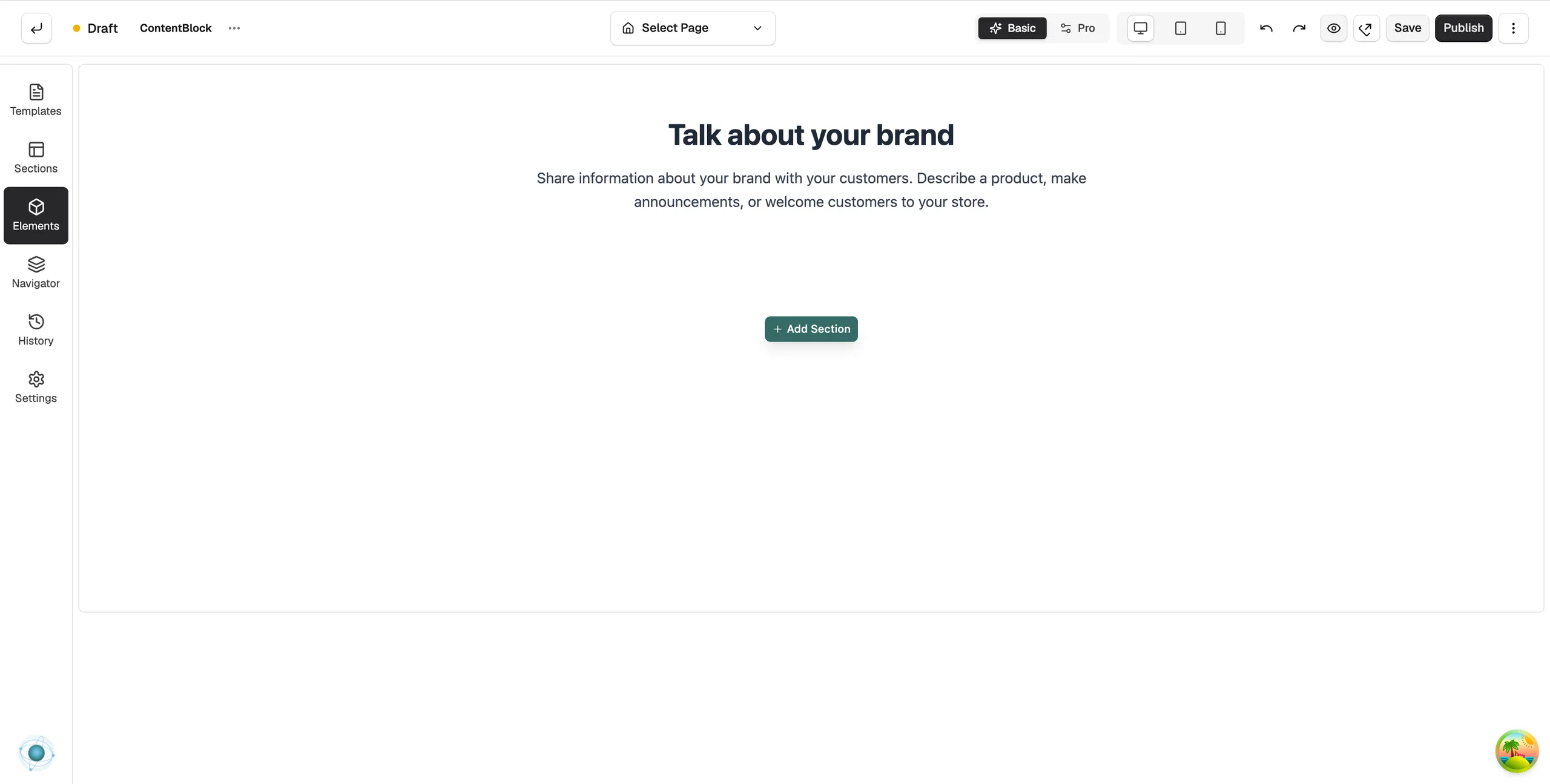 The Content Block element in the Elements panel of the page builder