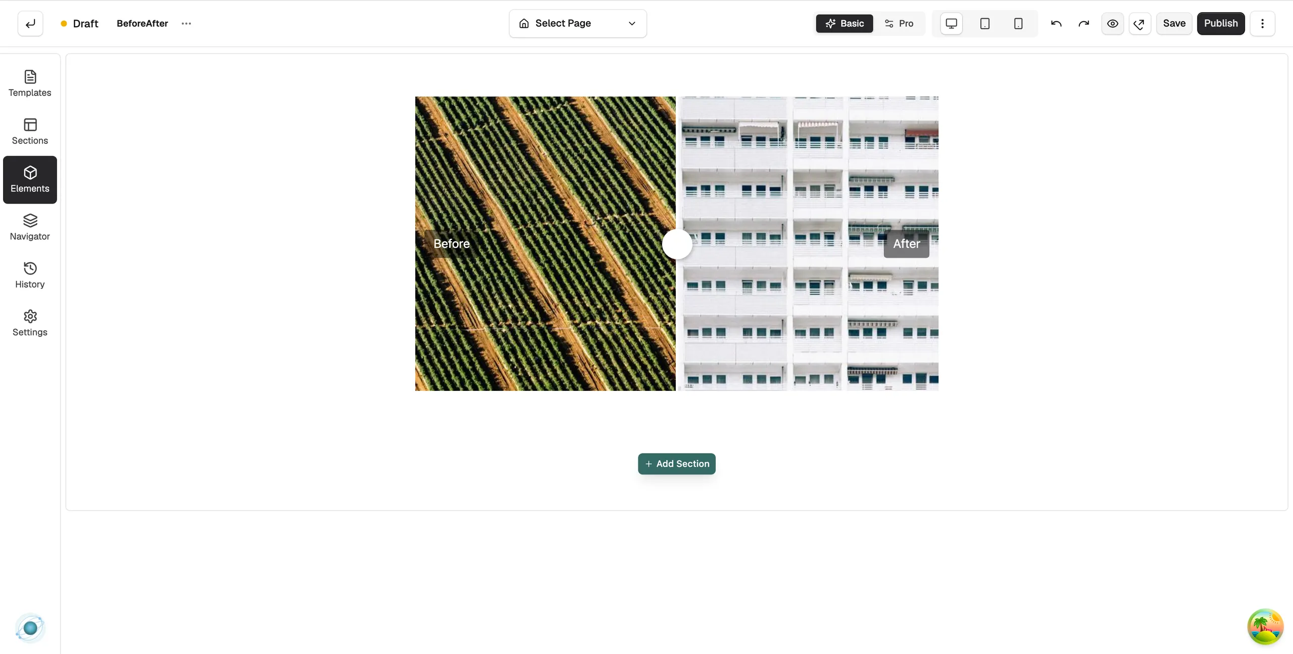 A Before After element on the page builder canvas with a round handle between the two images and Before and After labels