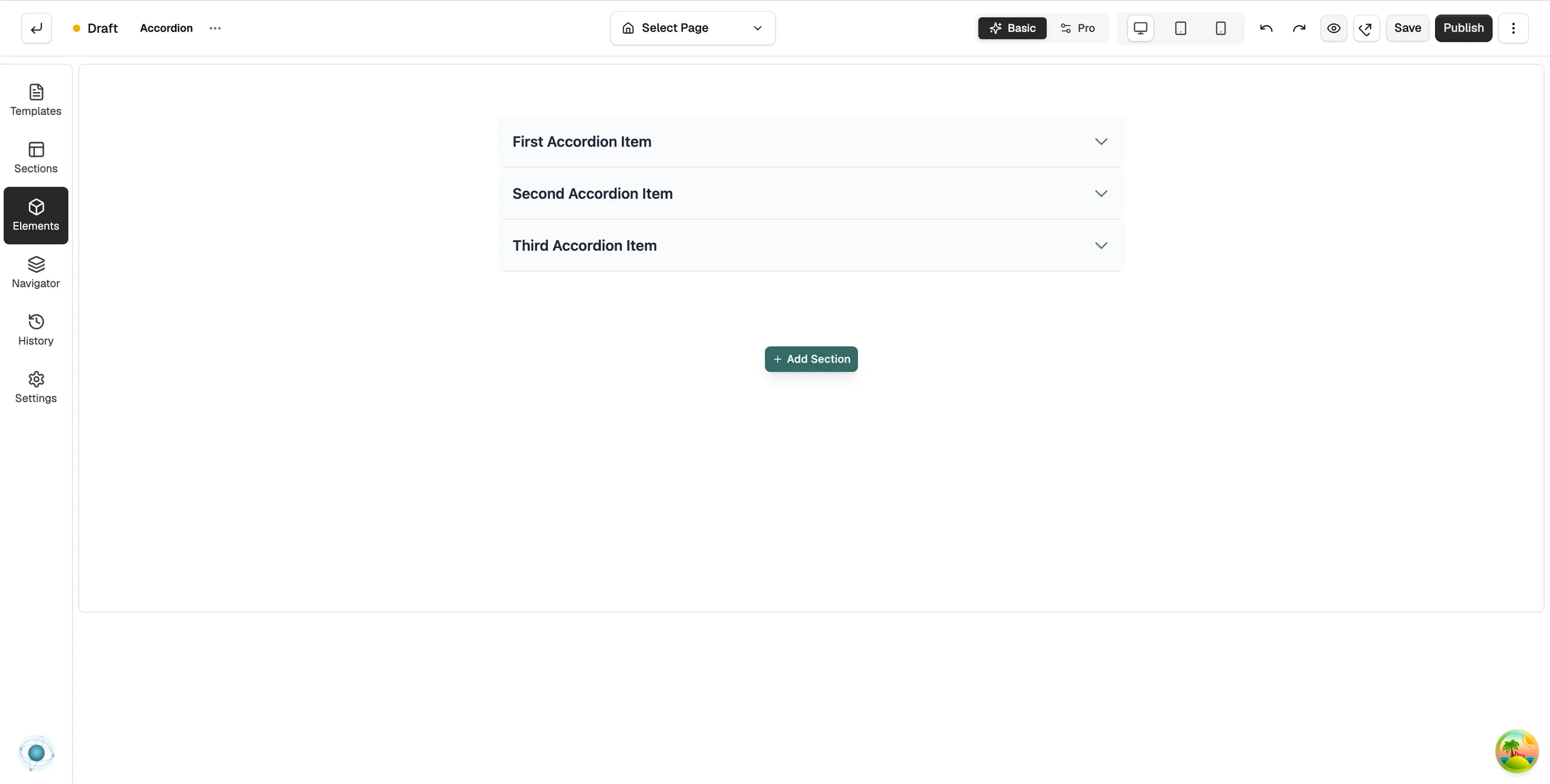 An Accordion element on the page builder canvas showing collapsed panels with a title and an arrow on each