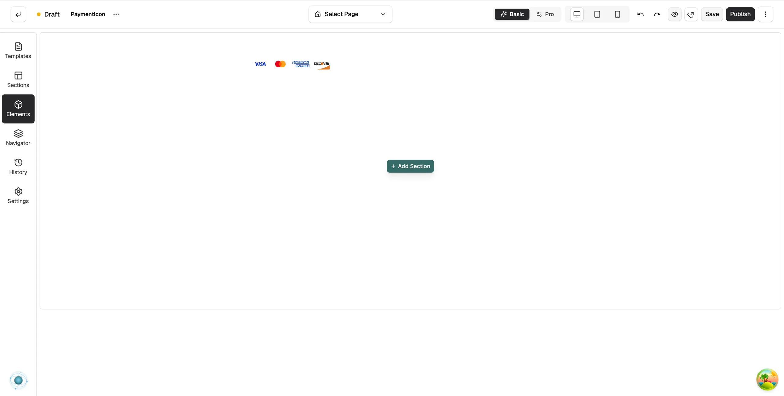 A row of payment method icons on the page builder canvas, with the Payment Icon settings open on the right