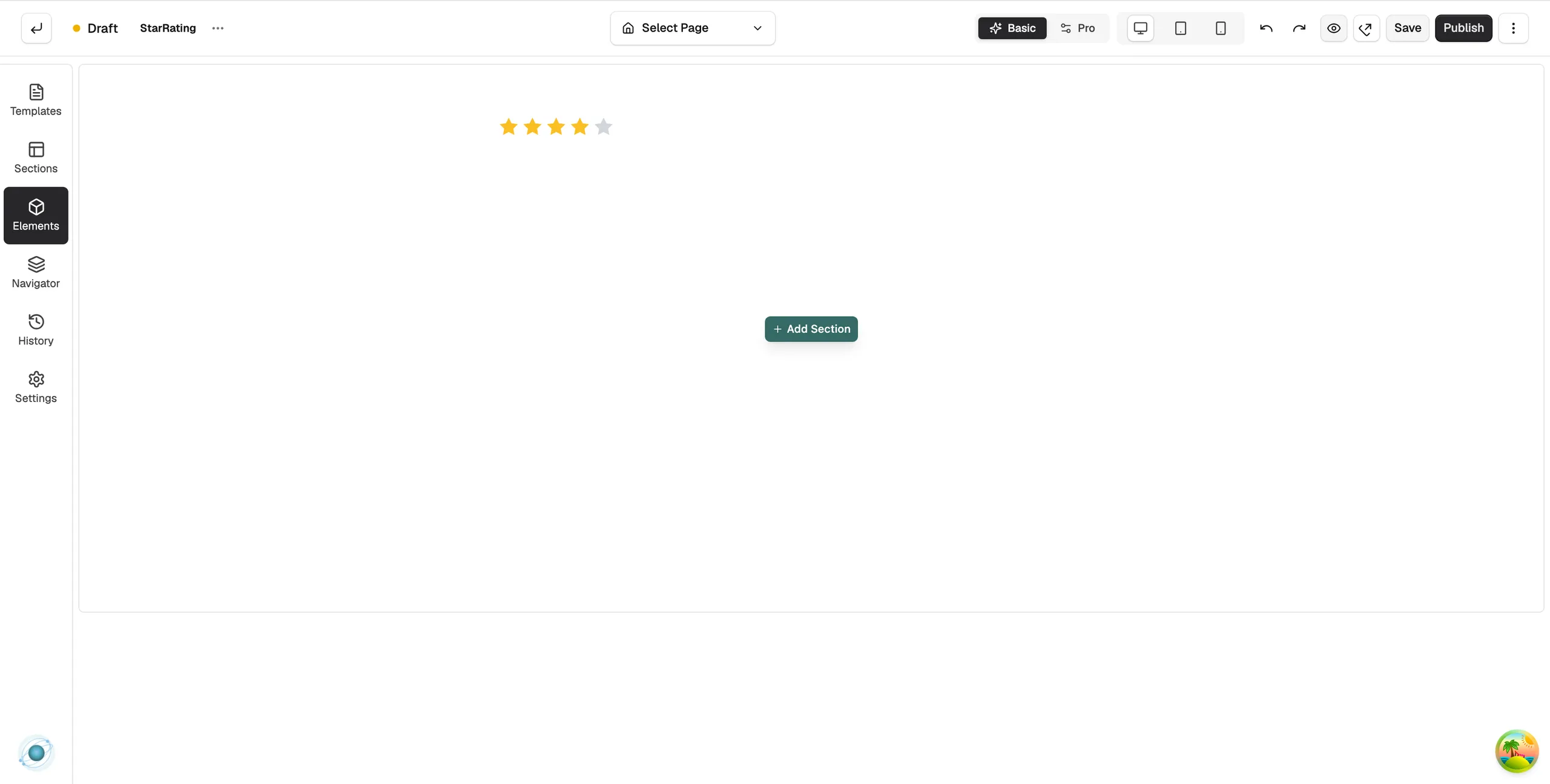 A Star Rating element on the page builder canvas showing four filled stars out of five