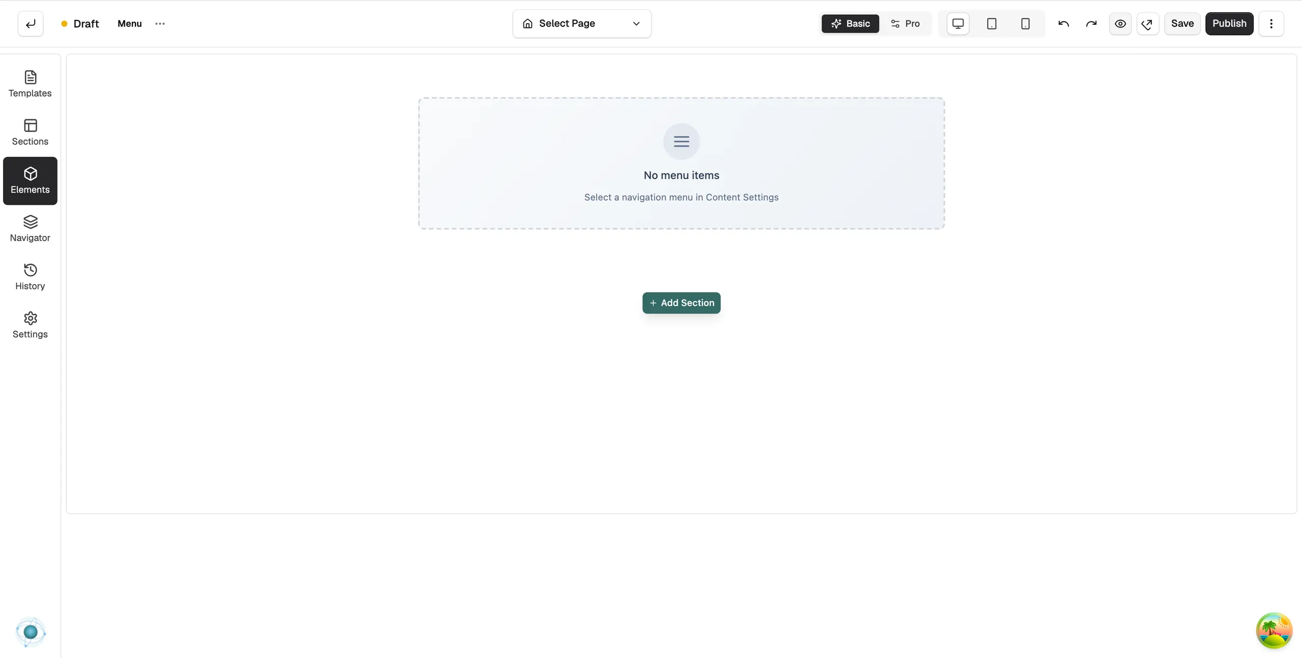 A new Menu element on the page builder canvas reading No menu items, Select a navigation menu in Content Settings