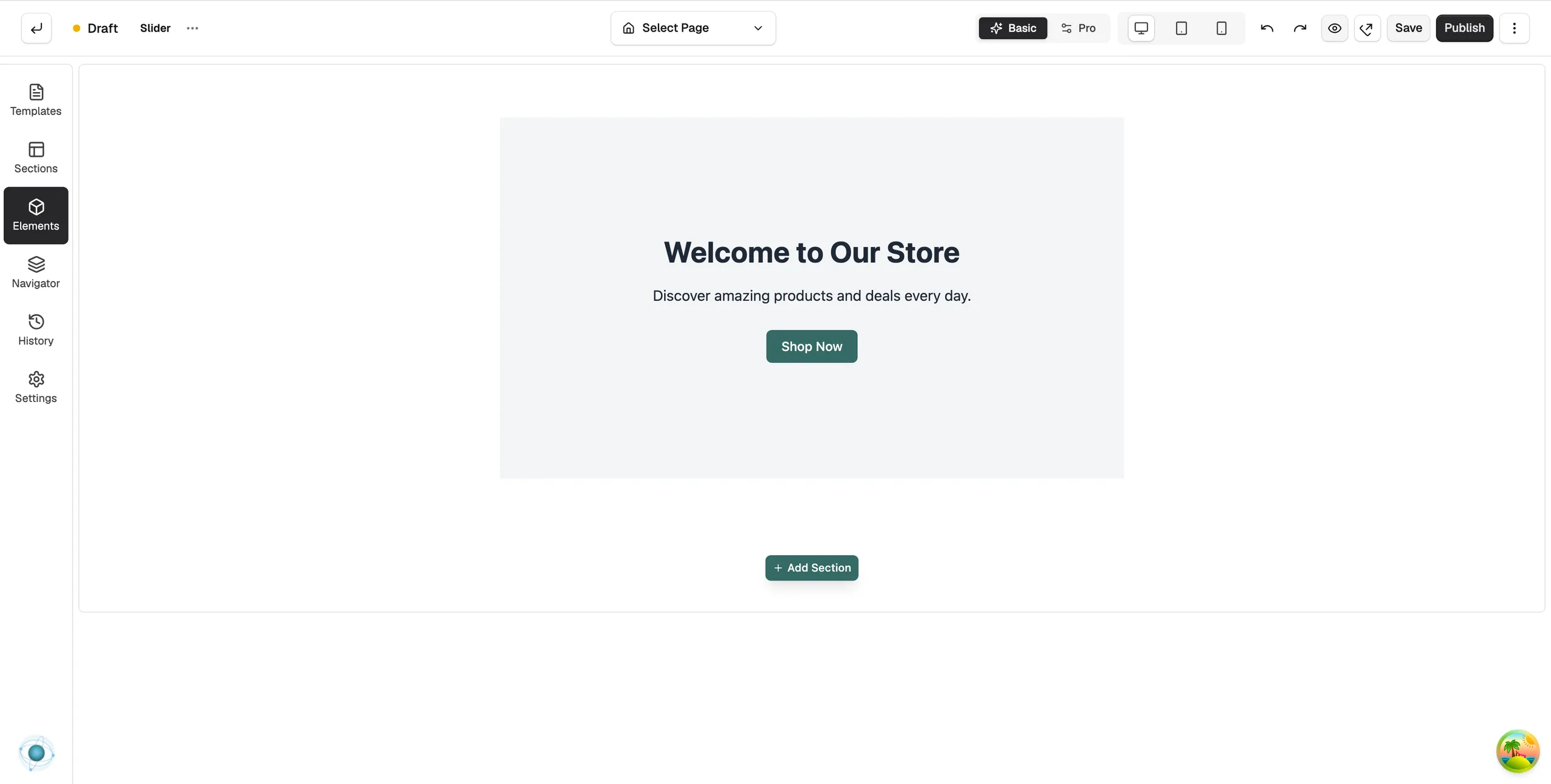 A Slider element on the page builder canvas showing one slide with a title, a line of text and a Shop Now button