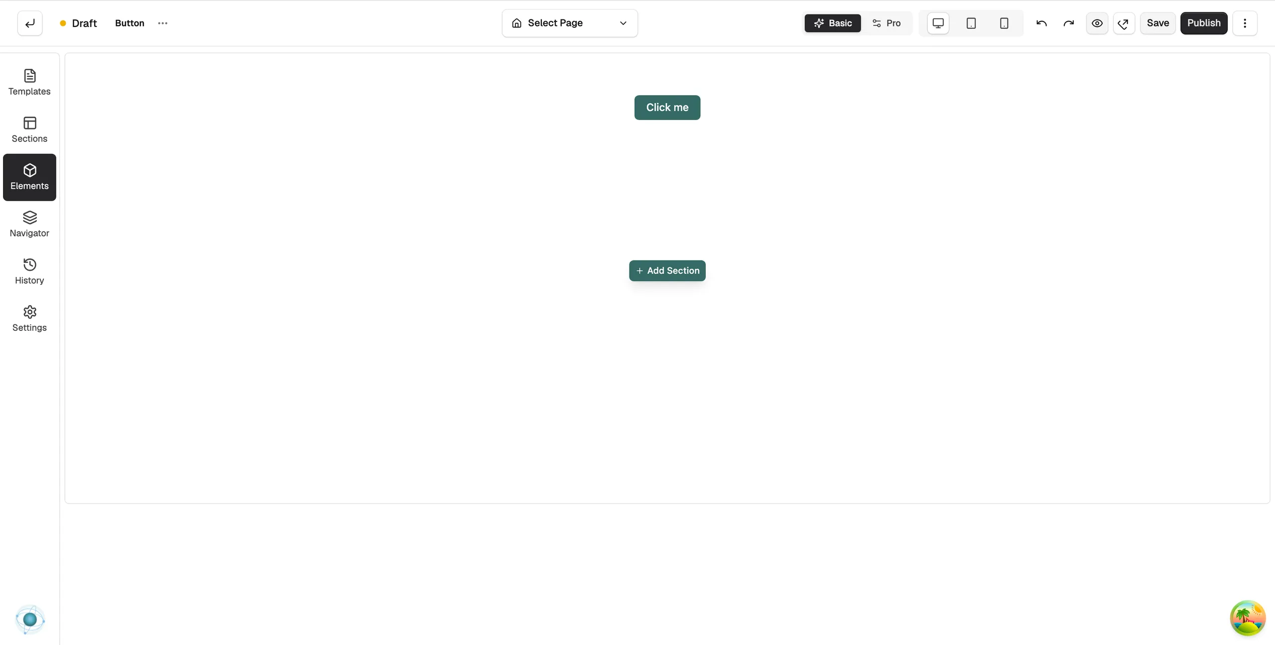 A Button on the page builder canvas reading Click me