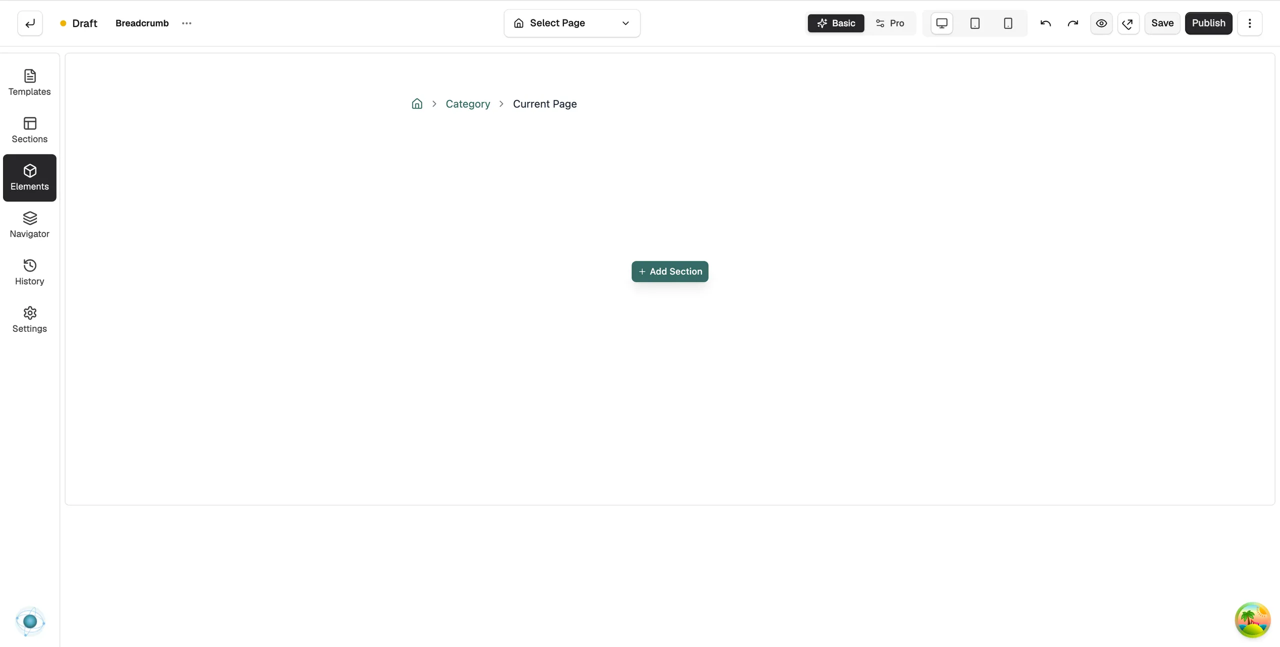 A Breadcrumb on the page builder canvas showing a home icon, a Category link and Current Page